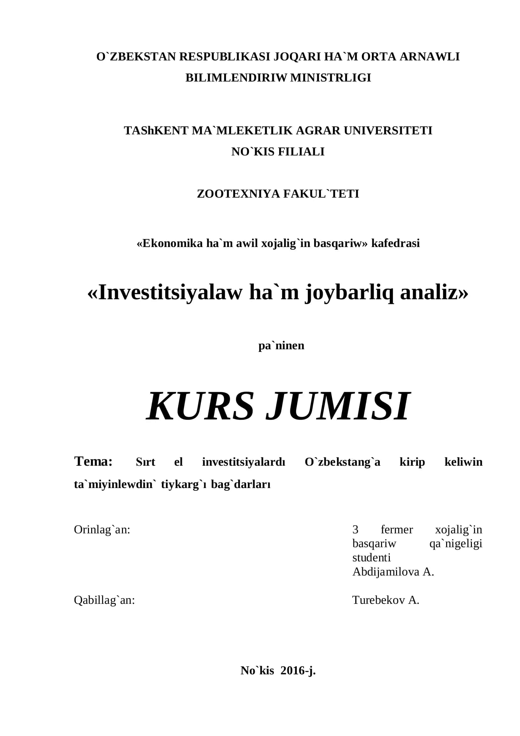 Investitsiyalaw ha`m joybarliq analiz