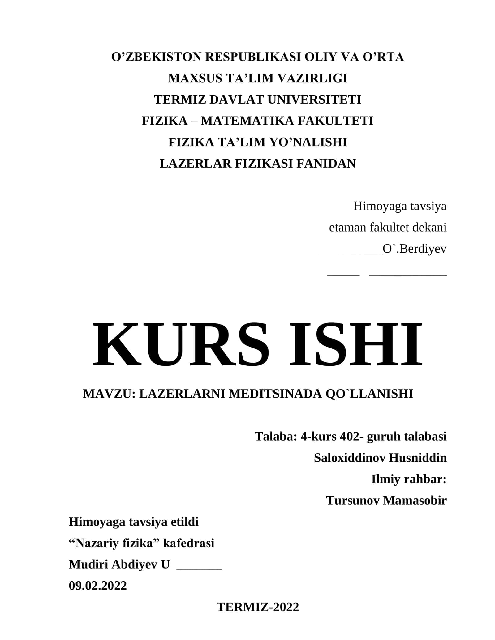 LAZERLARNI MEDITSINADA QO`LLANISHI
