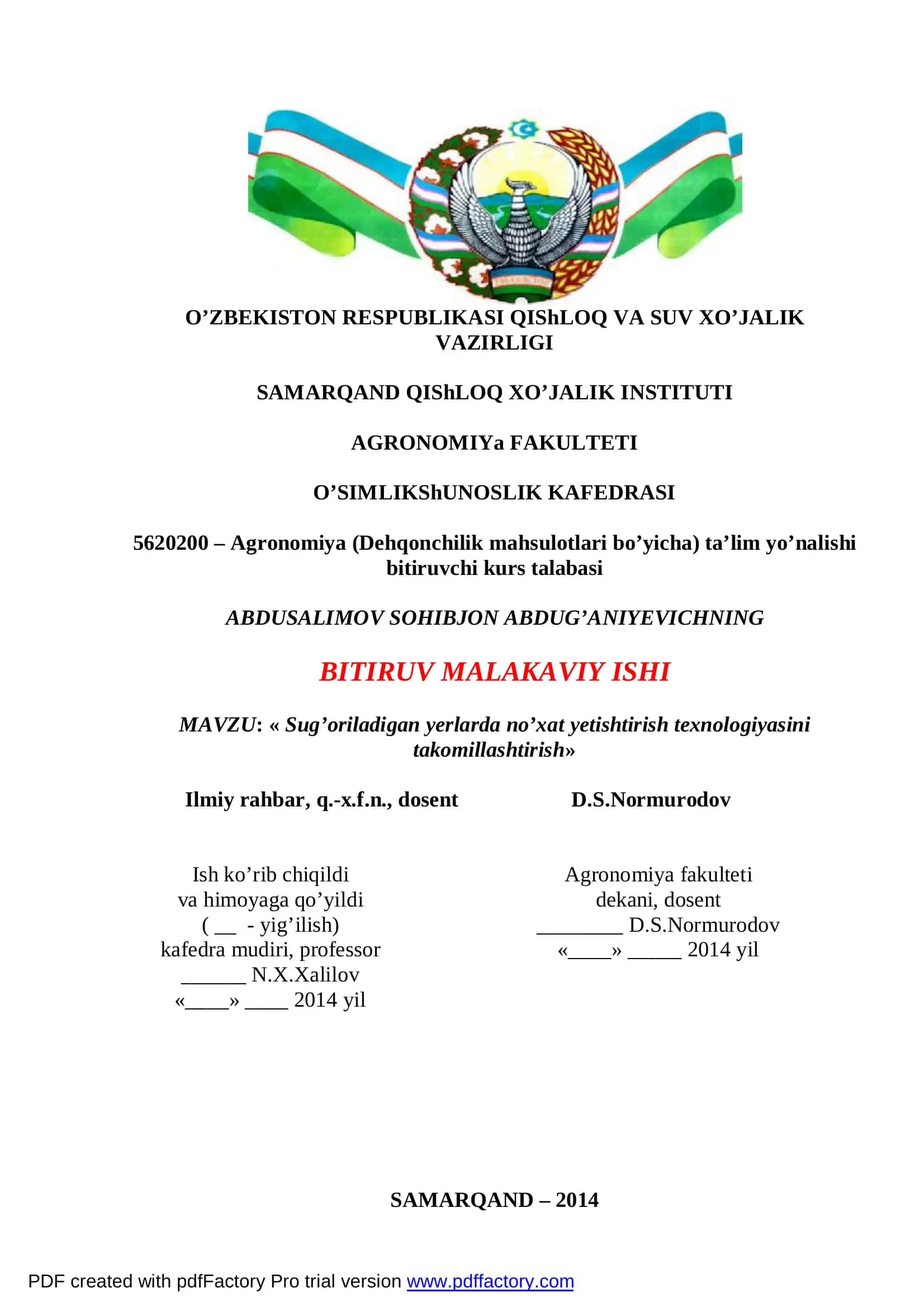 Sug’oriladigan yerlarda no’xat yetishtirish texnologiyasini takomillashtirish
