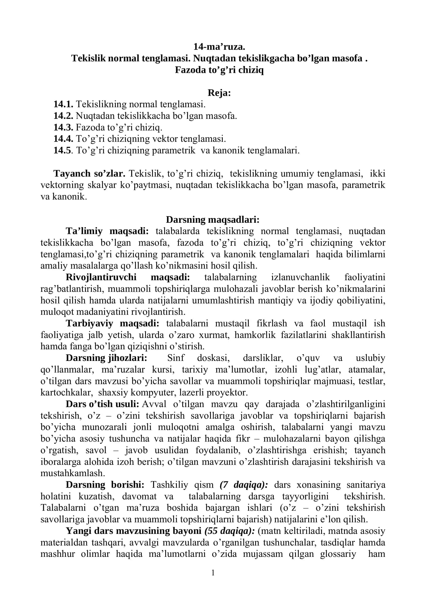 Oliy matematika: tekislik normal tenglamasi va fazoda to‘g‘ri chiziq (PDF)