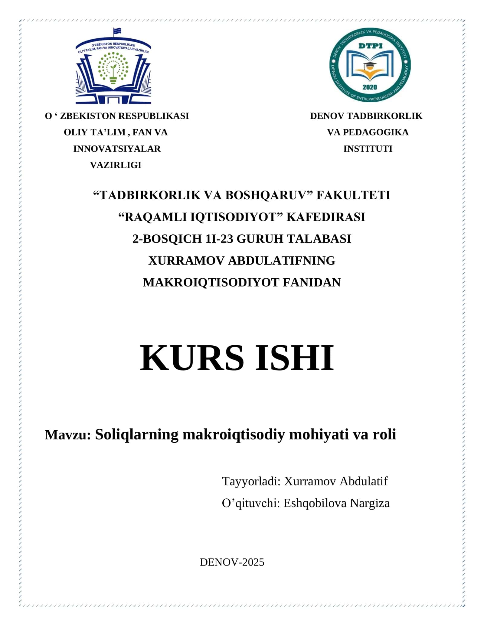 Soliqlarning makroiqtisodiy mohiyati va roli
