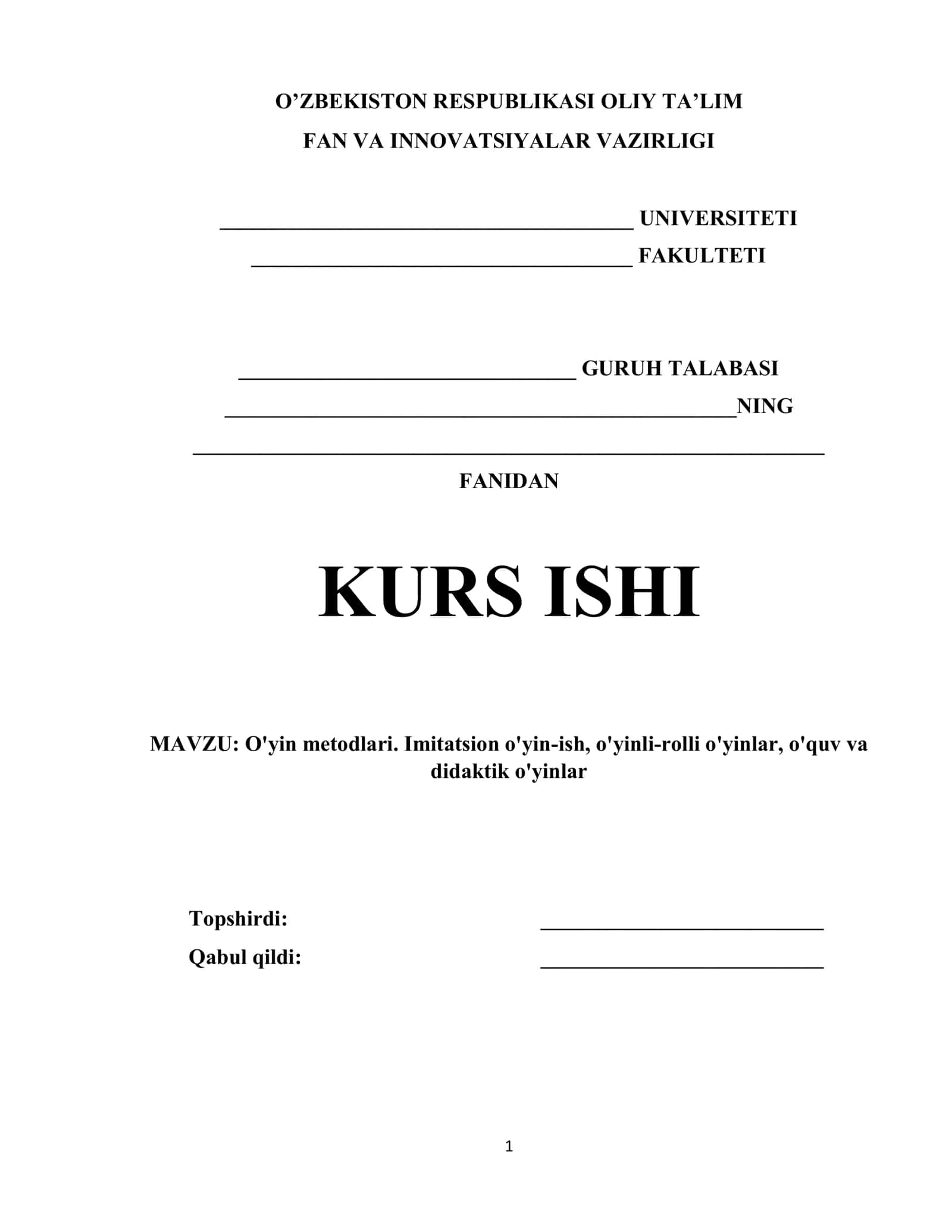 O'yin metodlari. Imitatsion o'yin-ish, o'yinli-rolli o'yinlar, o'quv va didaktik o'yinlar