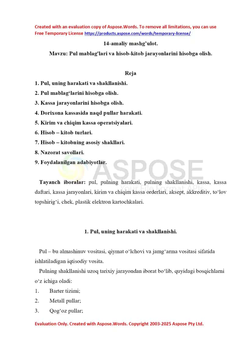 Pul mablag'lari va hisob-kitob jarayonlarini hisobga olish. 14-amaliy mashg’ulot 12 bet.