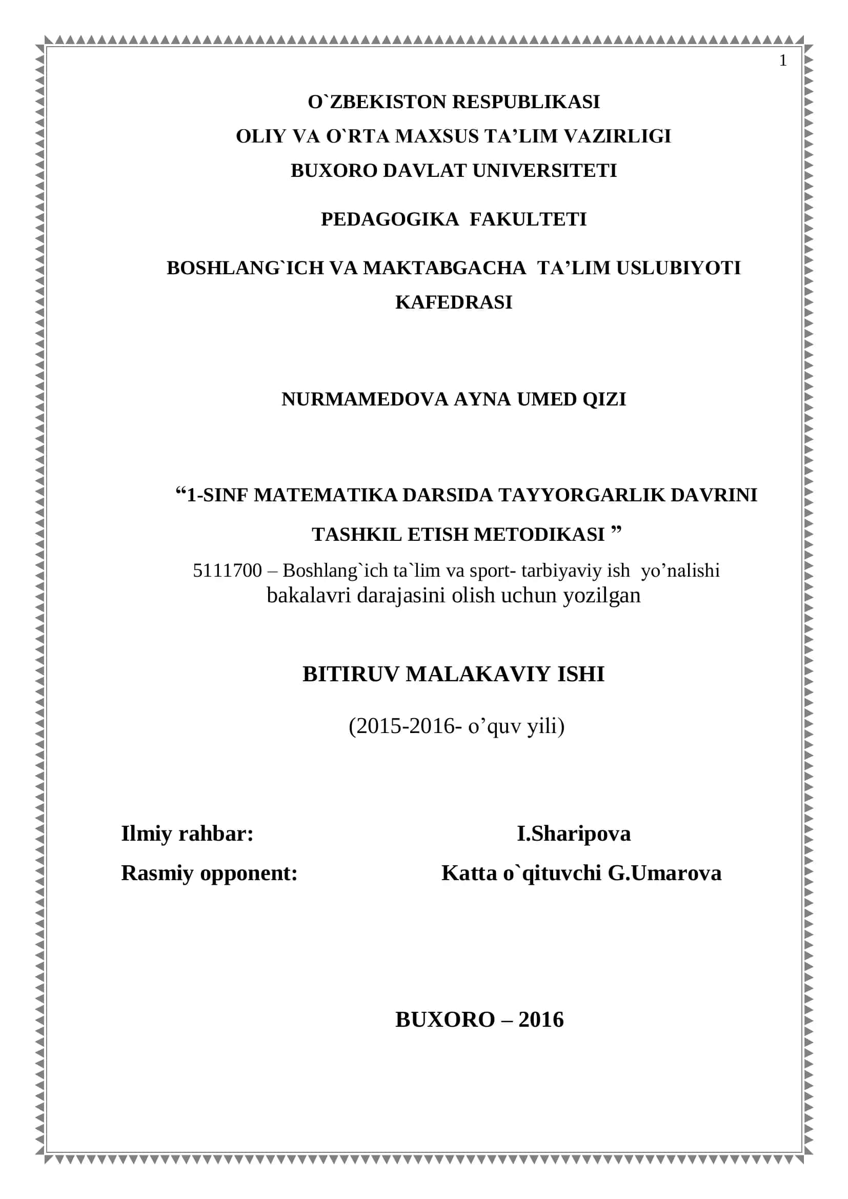 1-SINF MATEMATIKA DARSIDA TAYYORGARLIK DAVRINI TASHKIL ETISH METODIKASI