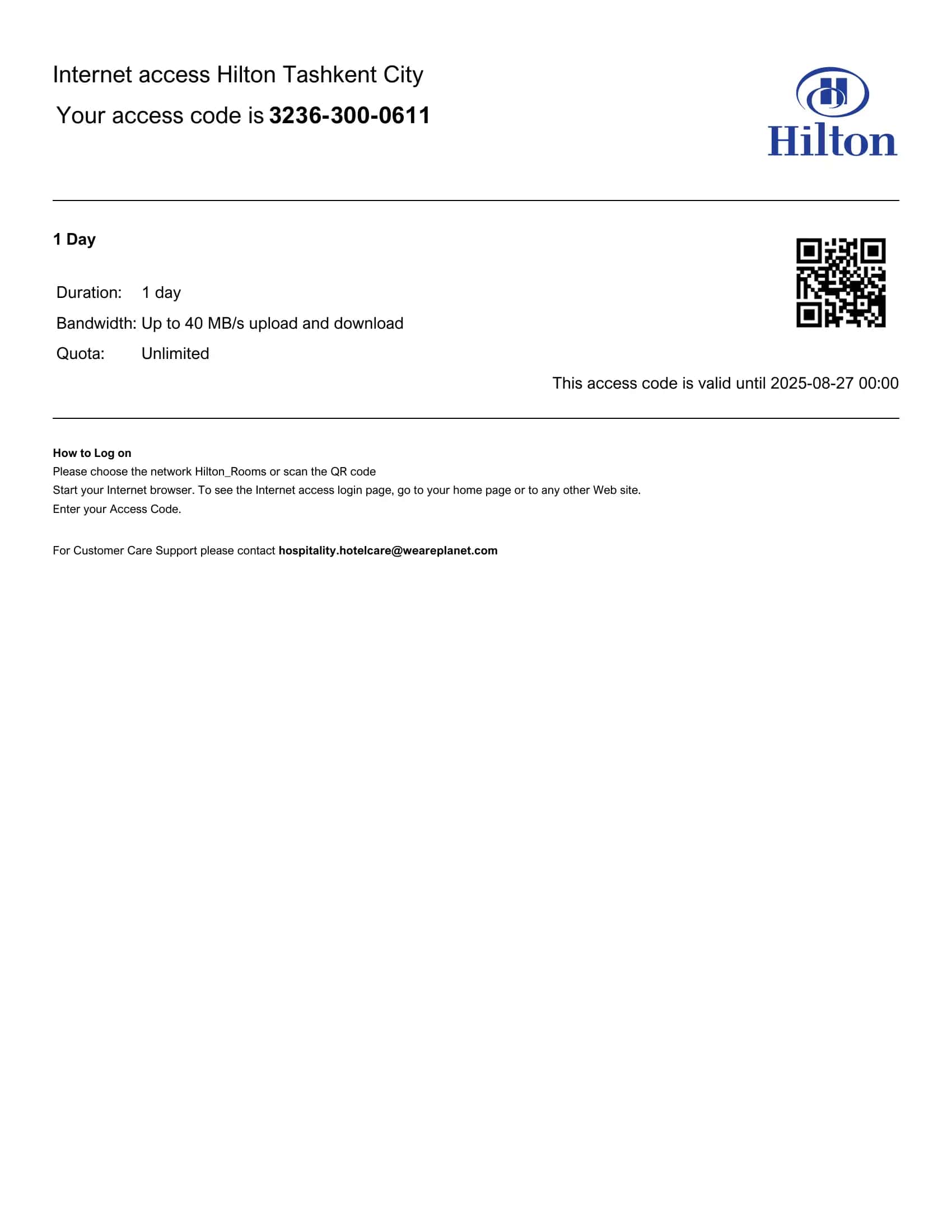 Internet Access at Hilton Tashkent City