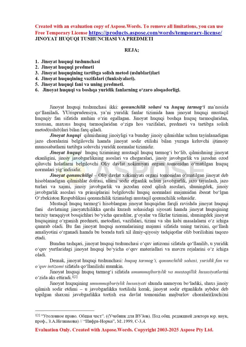 Jinoiyat huquqi tushunchasi va predmeti