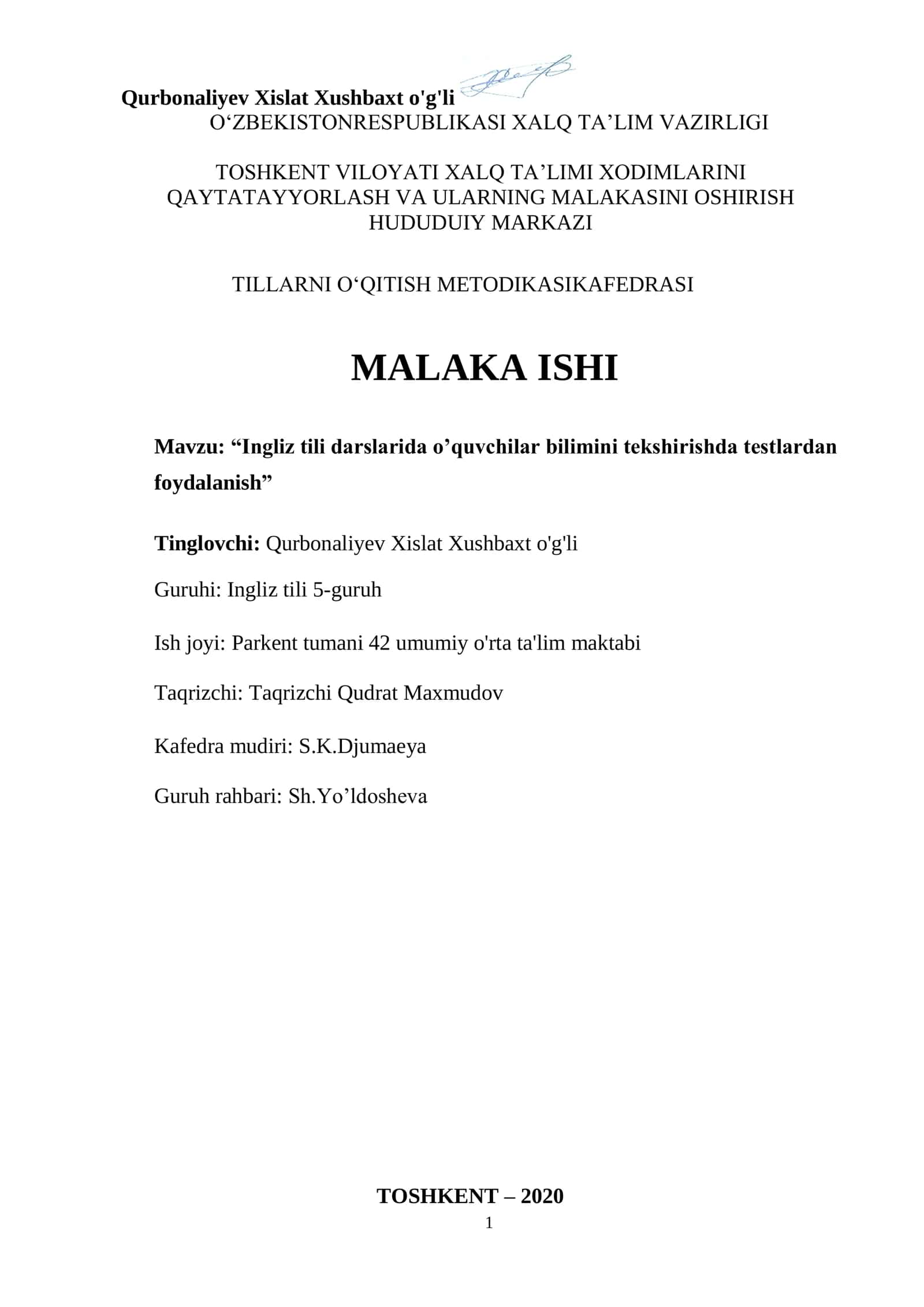 Ingliz tili darslarida o’quvchilar bilimini tekshirishda testlardan foydalanish
