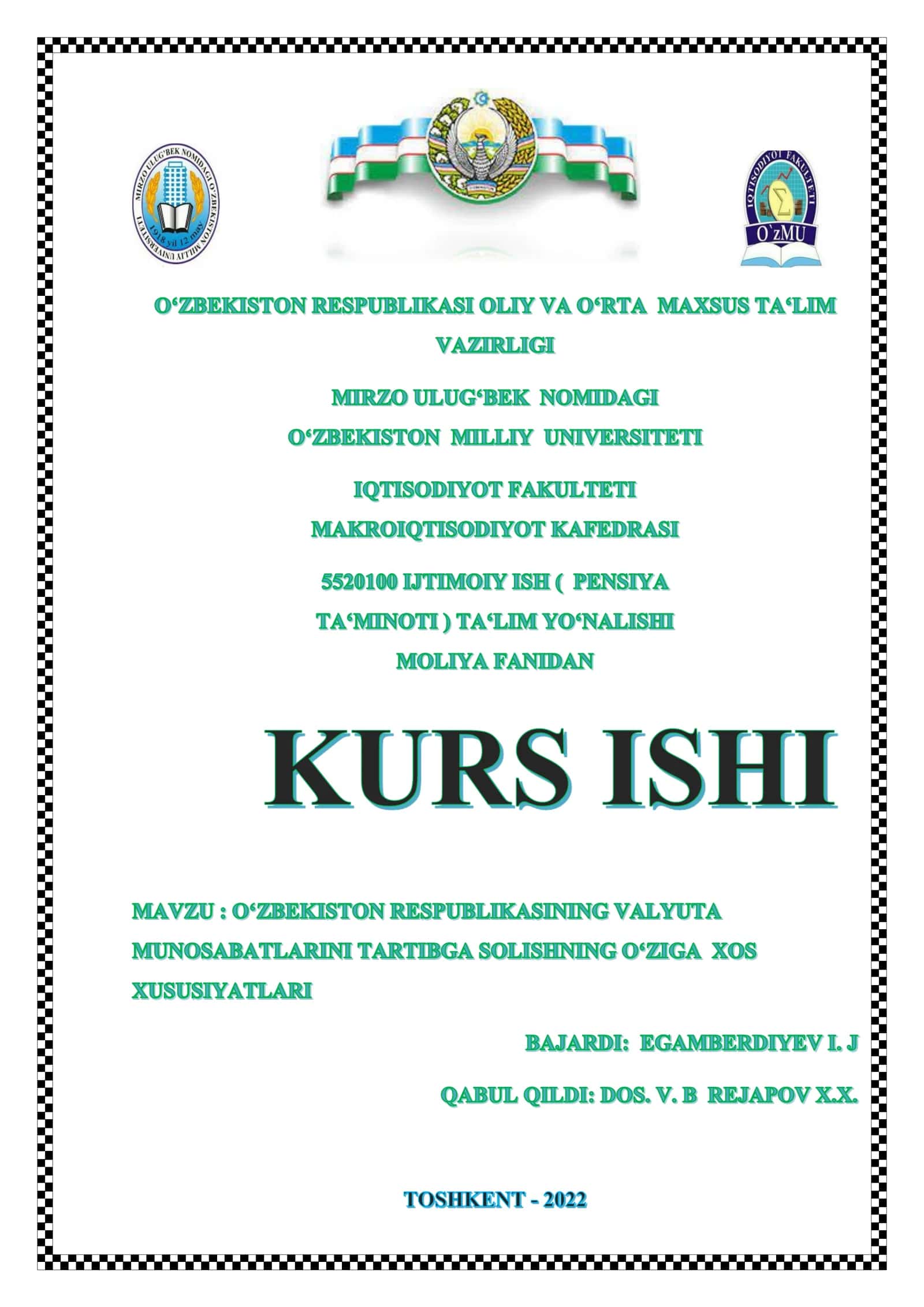 O'zbekiston Respublikasida Valyuta va kurs munosabatlarini tartibga solishning huquqiy asoslari