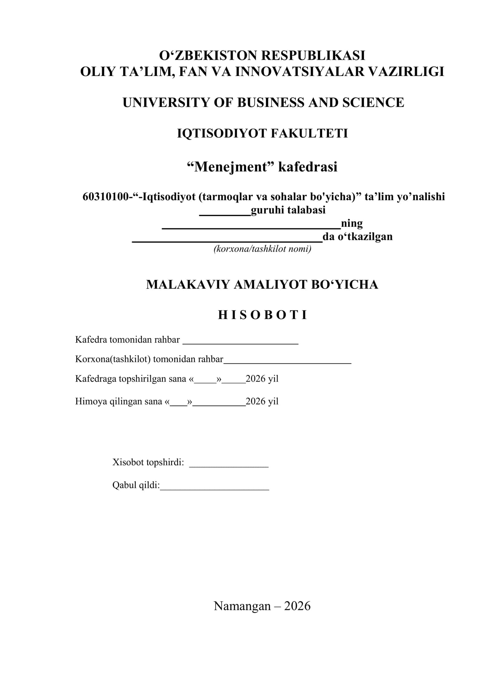 Malakaviy amaliyot bo'yicha hisoboti