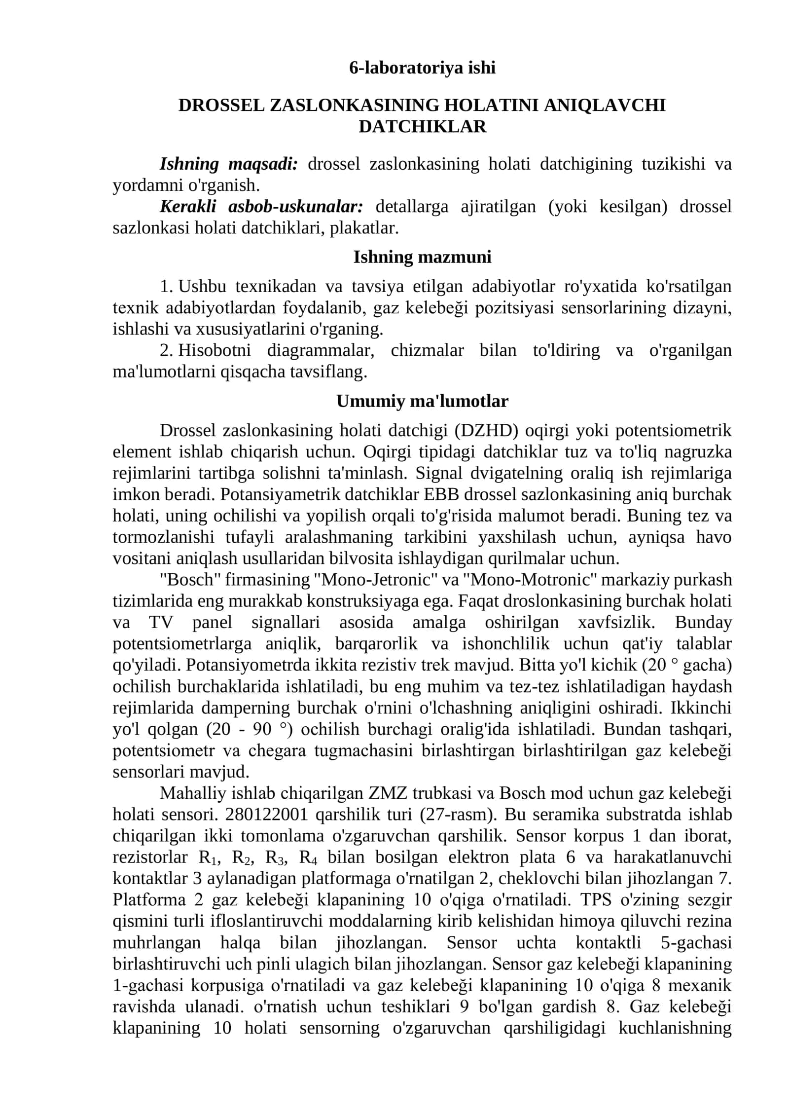 DROSSEL ZASLONKASINING HOLATINI ANIQLAVCHI DATCHIKLAR