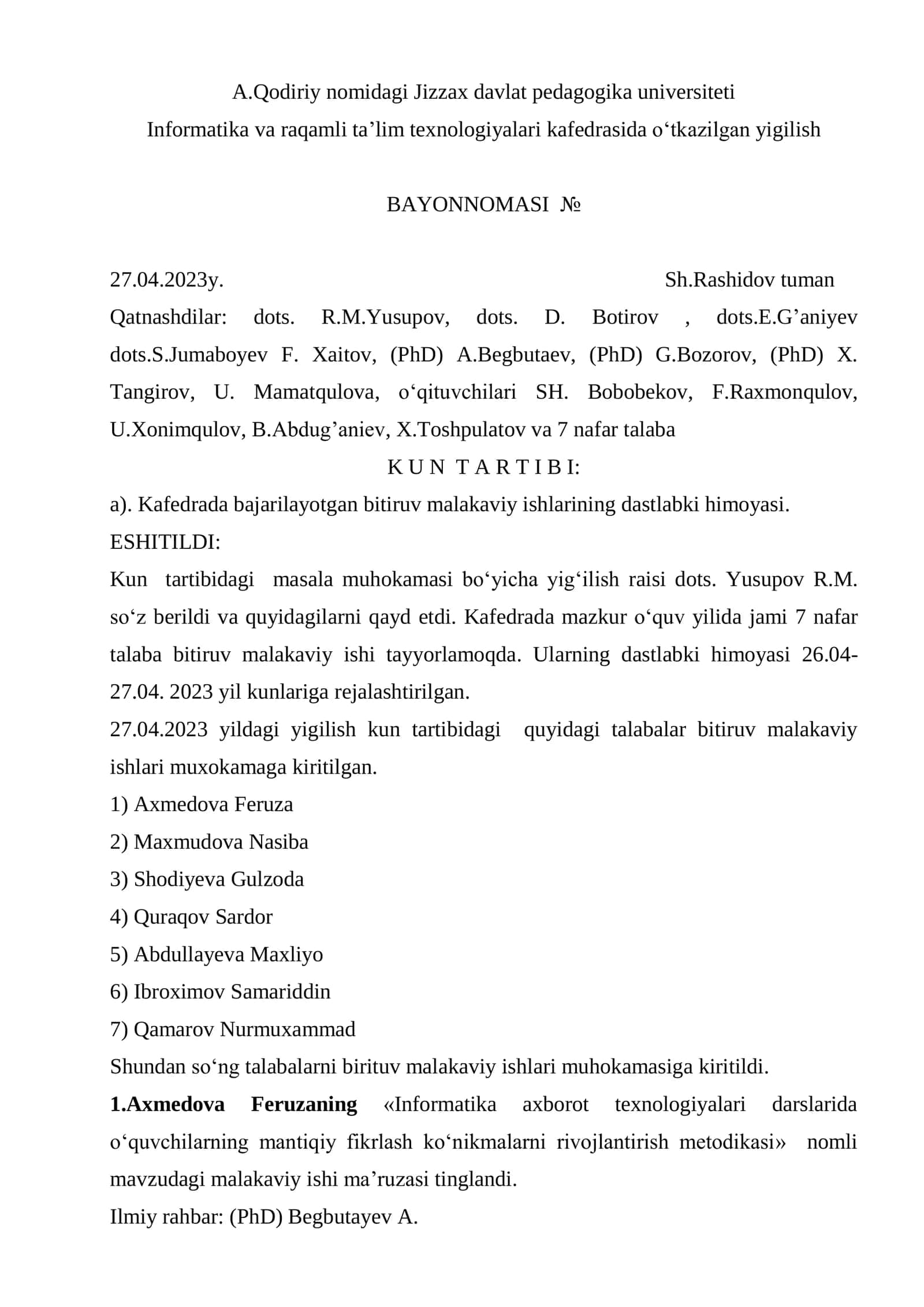 Informatika va raqamli ta’lim texnologiyalari kafedrasida o‘tkazilgan yigilish BAYONNOMASI №