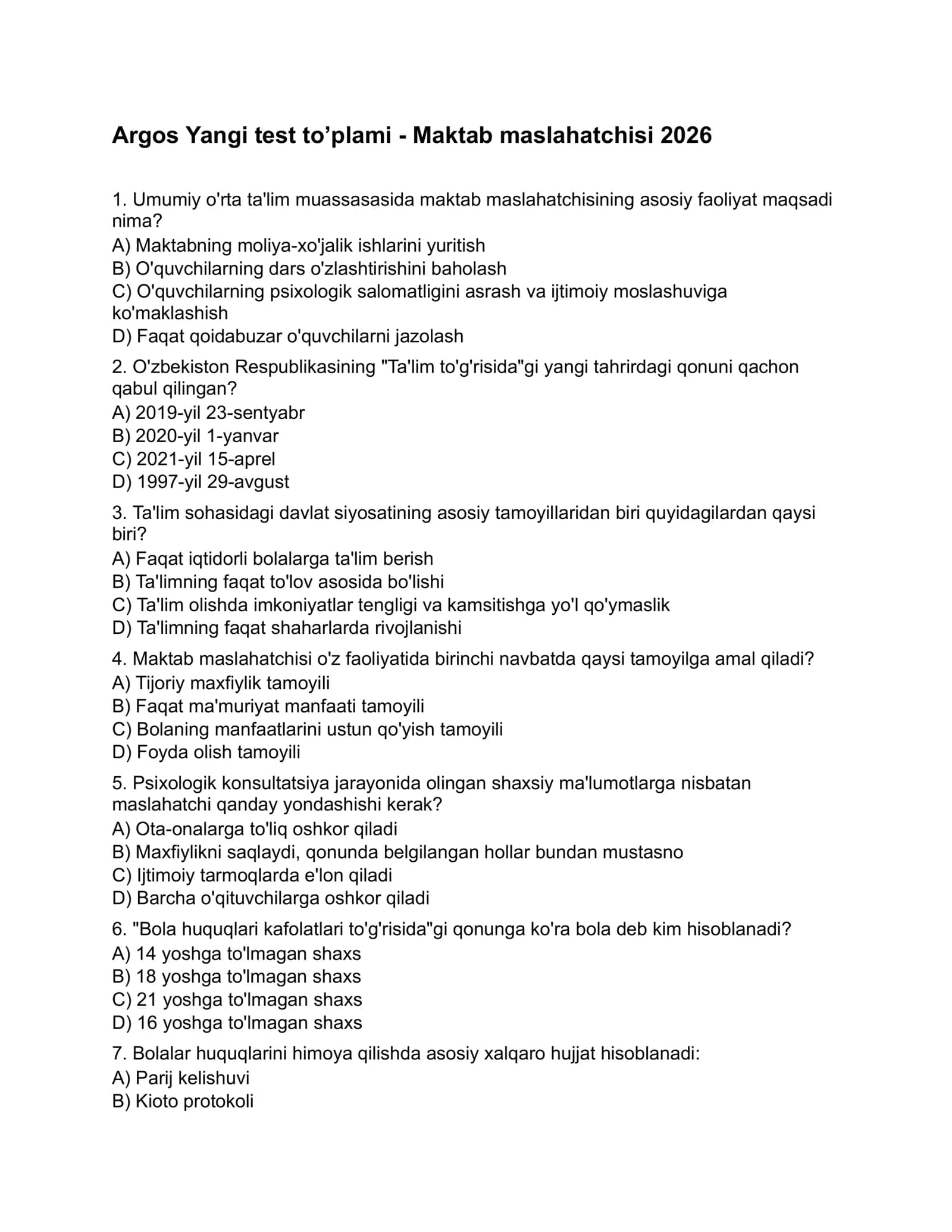 Argos Maktab maslahatchisi 2026 test to'plam.