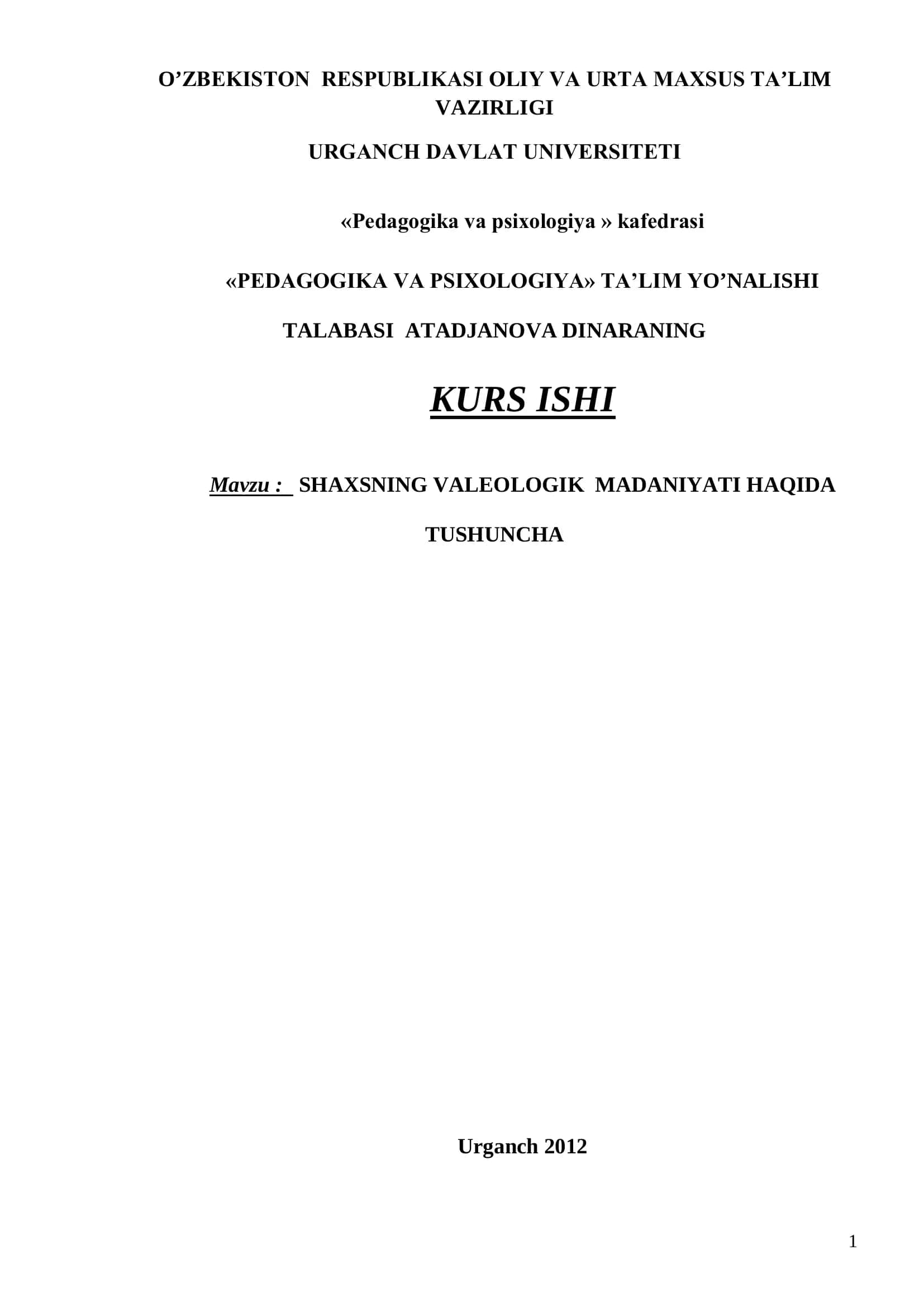 SHAXSNING VALEOLOGIK MADANIYATI HAQIDA TUSHUNCHA