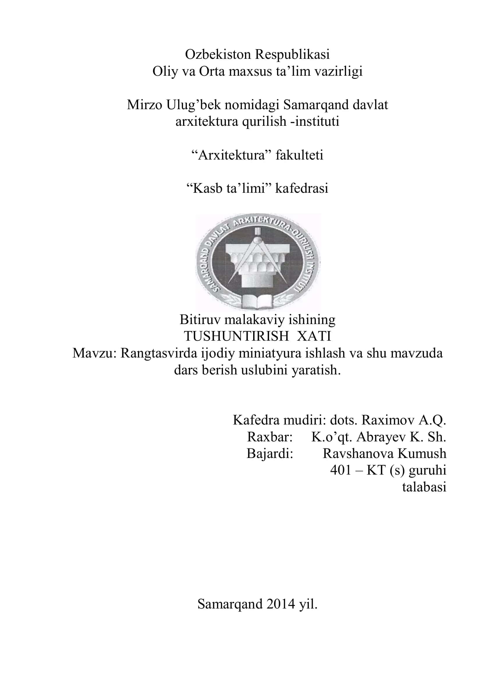 Rangtasvirda ijodiy miniatyura ishlash va shu mavzuda dars berish uslubini yaratish