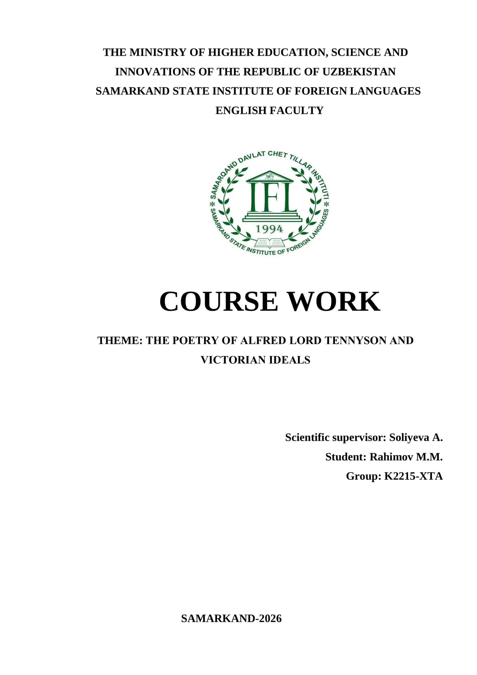 THE POETRY OF ALFRED LORD TENNYSON AND VICTORIAN IDEALS