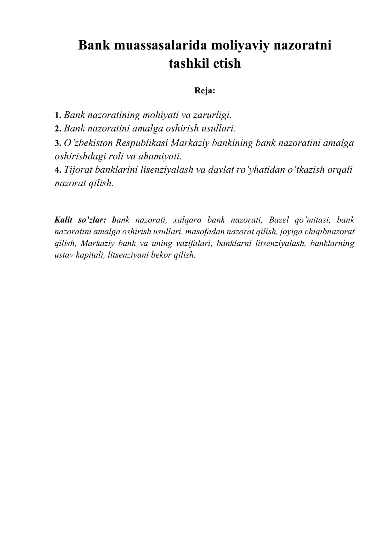 Bank muassasalarida moliyaviy nazoratni tashkil etish