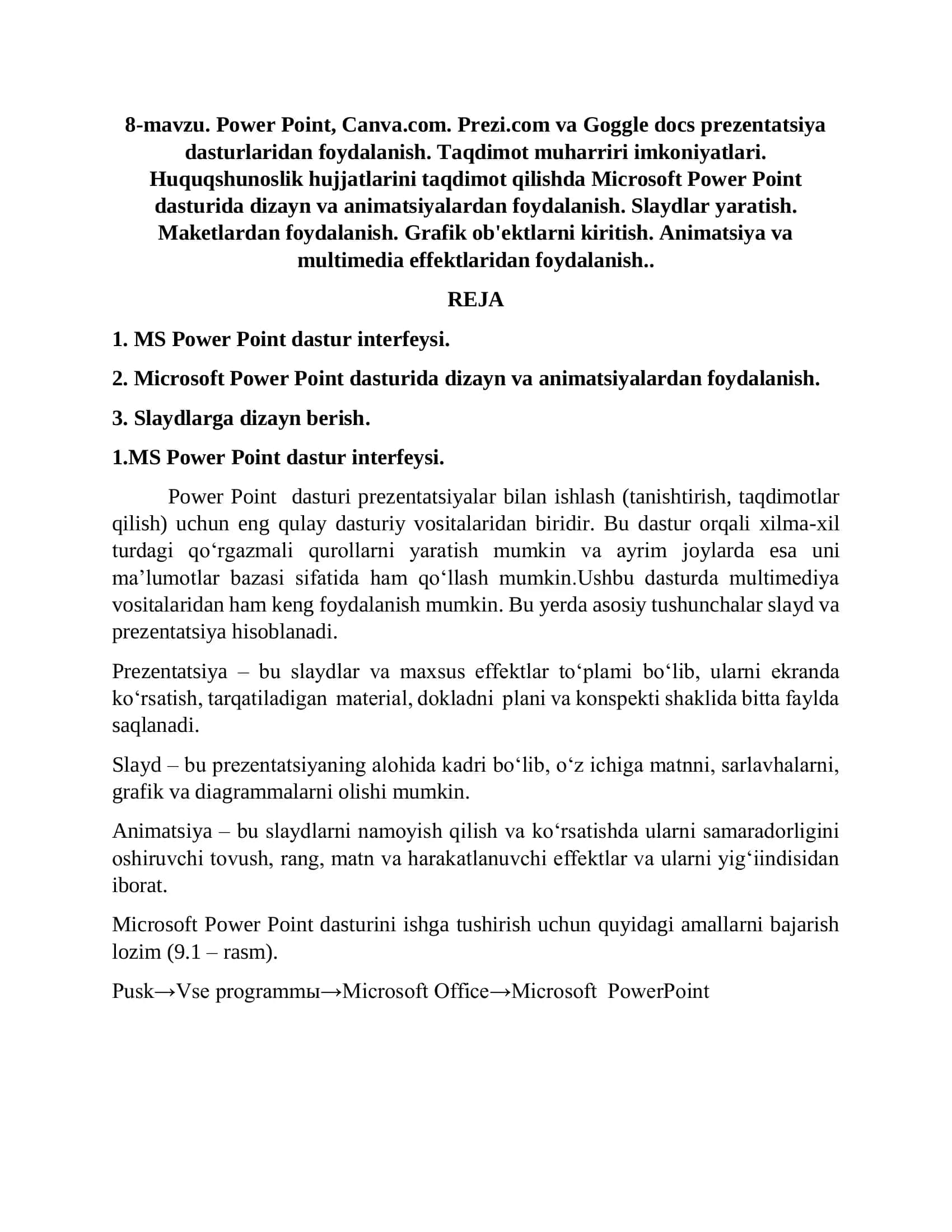 MS Power Point dastur interfeysi