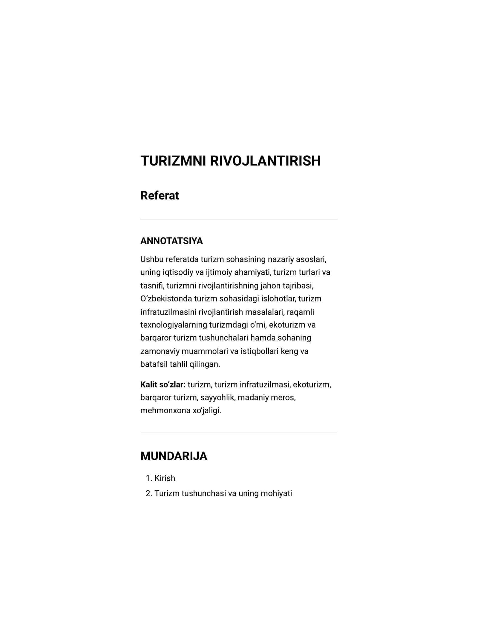 Referat turizmni rivojlantirish
