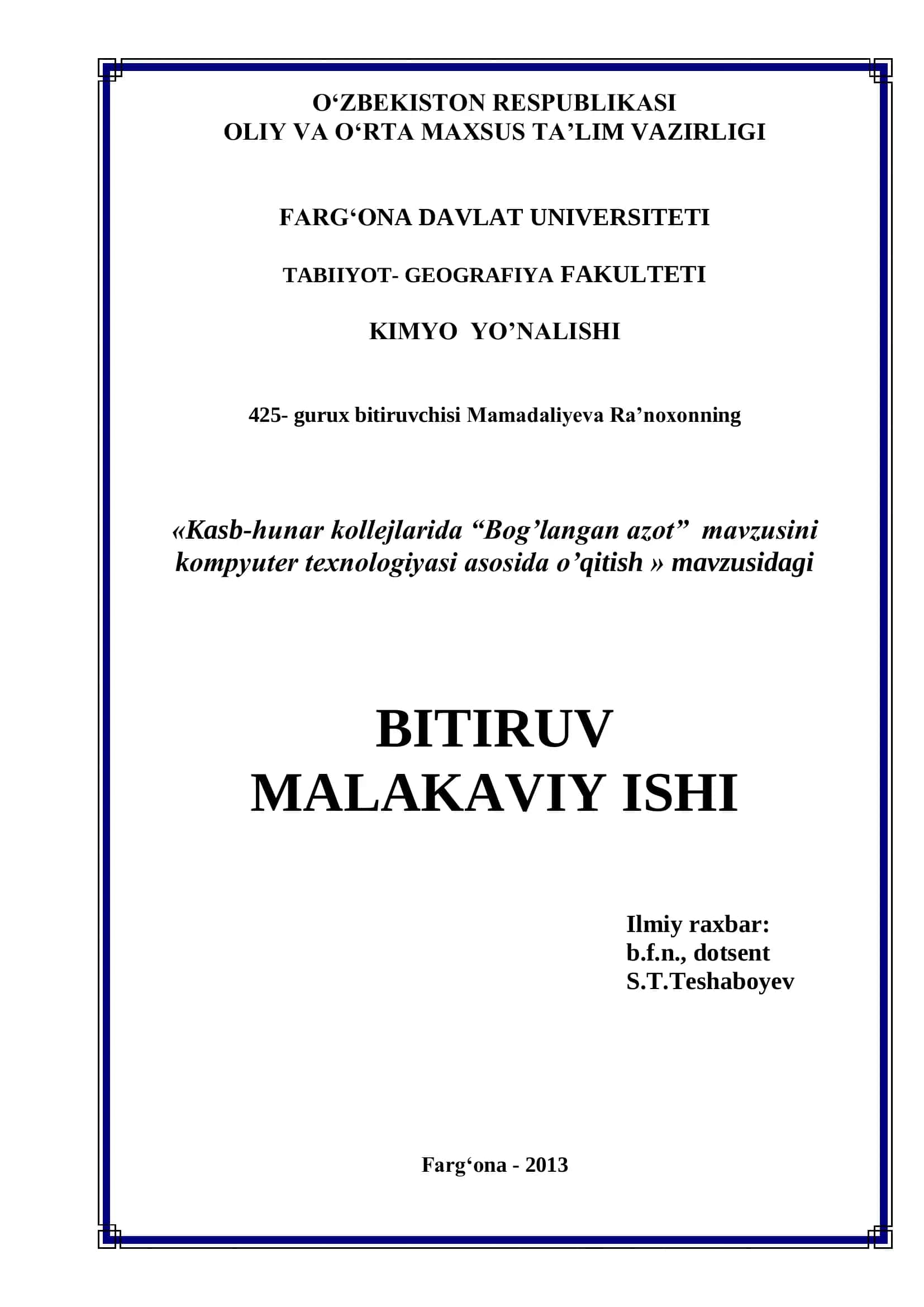 Mamadaliyeva Ra‟noxonning bitiruvi