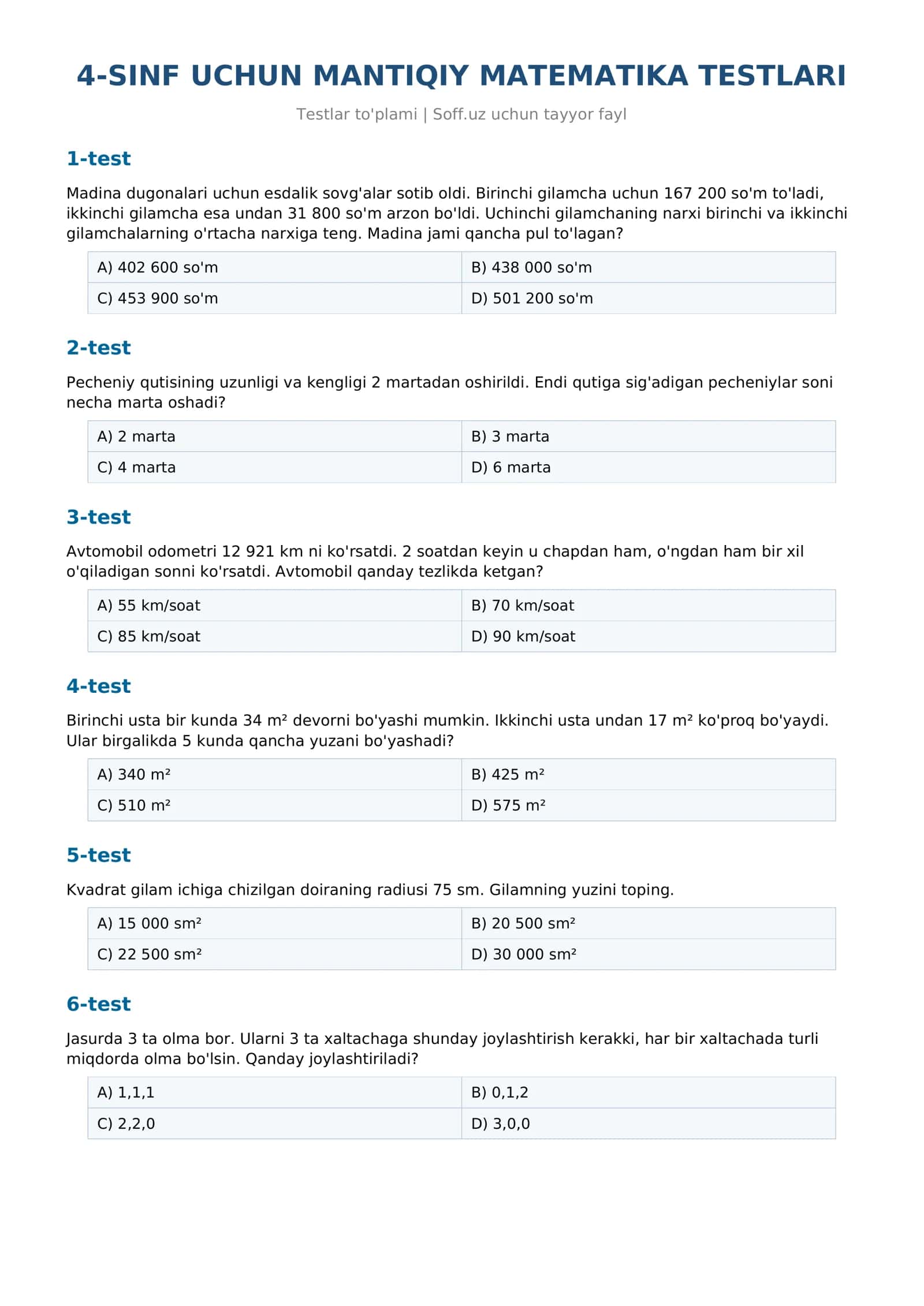 4-SINF UCHUN MANTIQIY MATEMATIKA TESTLARI