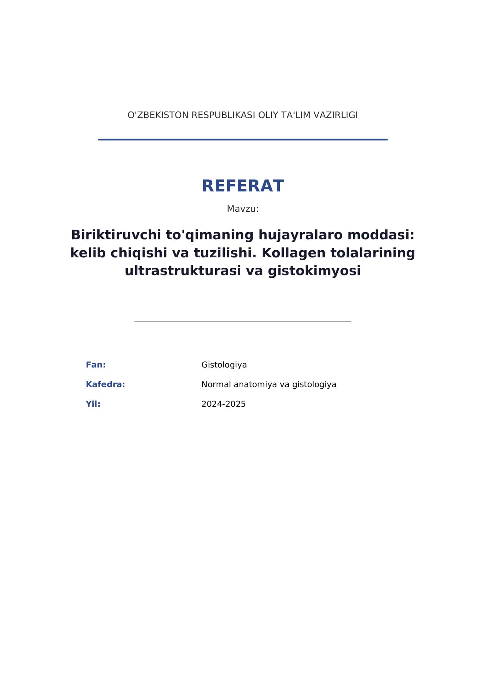 Biriktiruvchi to'qimaning hujayralaro moddasi: kelib chiqishi va tuzilishi. Kollagen tolalarining ultrastrukturasi va gistokimyosi
