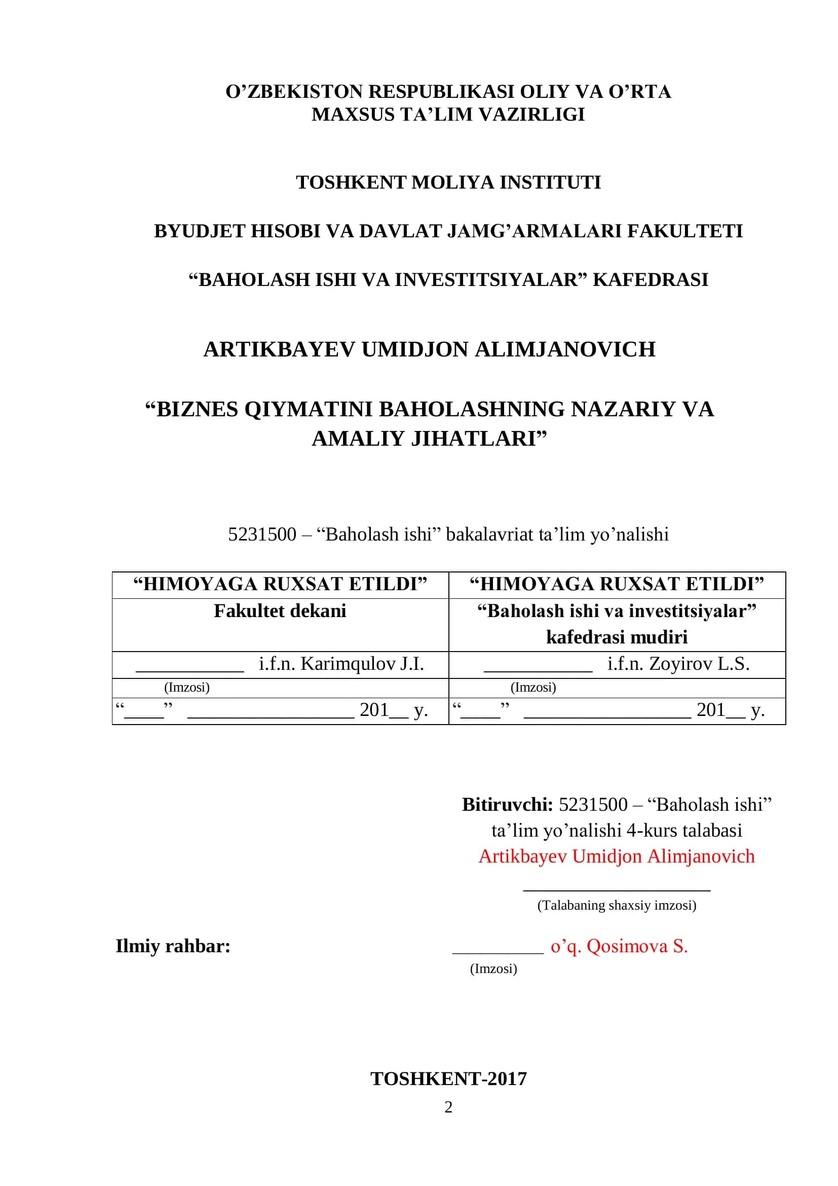 Baholash ishi va investitsiyalar