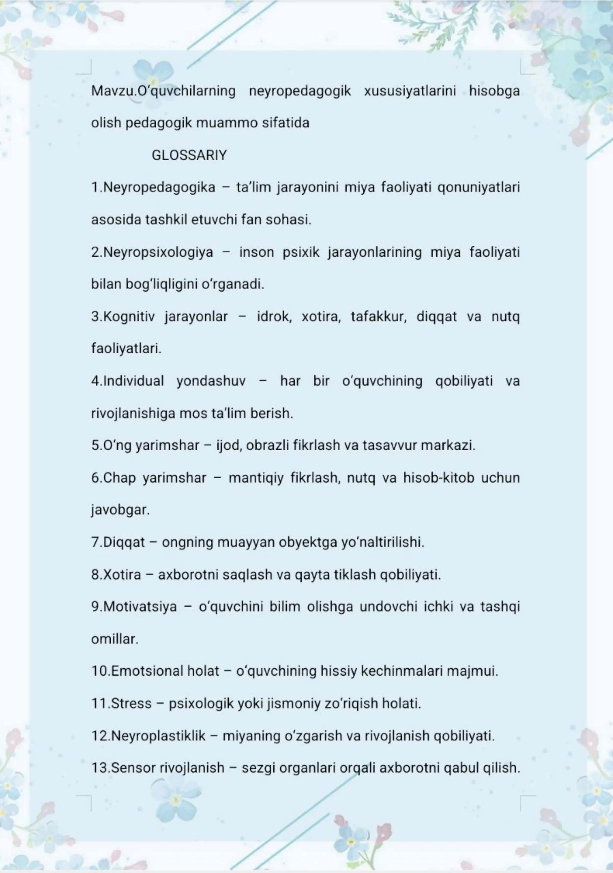 O'quvchilarning neyropedagogik xususiyatlarini hisobga olish pedagogik muammo sifatida