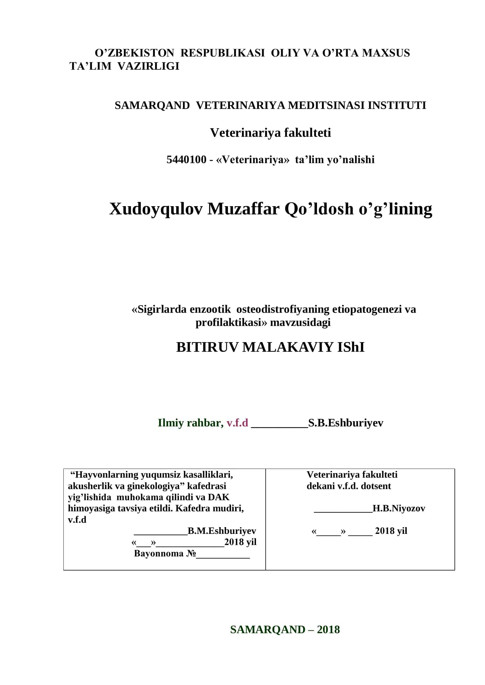 Bitiruv malakaviy ishi "Sigirlarda enzootik osteodistrofiyaning etiopatogenezi va profilaktikasi"