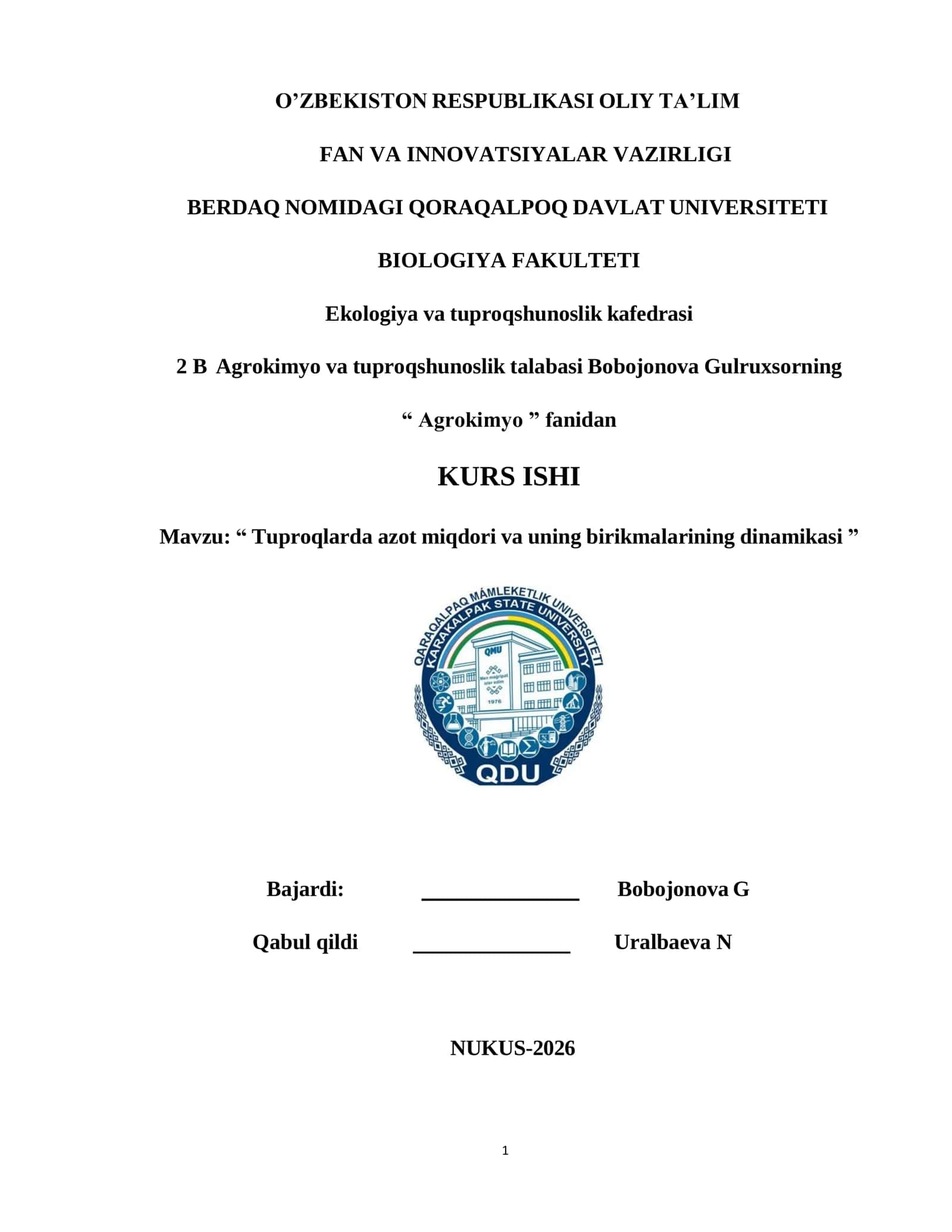 Tuproqlarda azot miqdori va uning birikmalarining dinamikasi