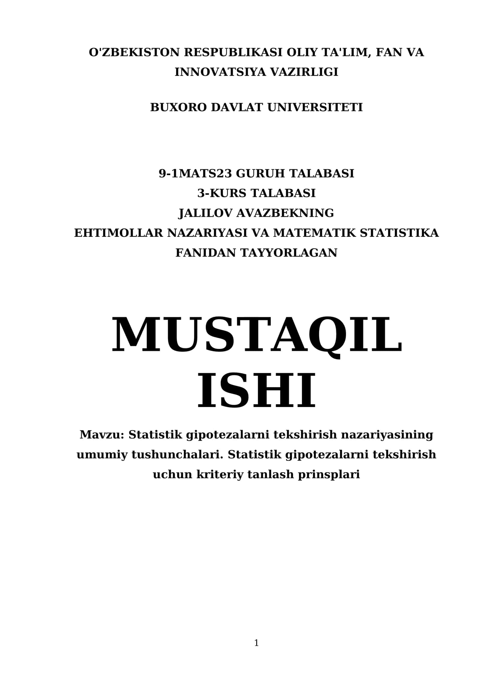 MUSTAQIL ISHI EHTIMOLLAR NAZARIYASI VA MATEMATIK STATISTIKA FANIDAN