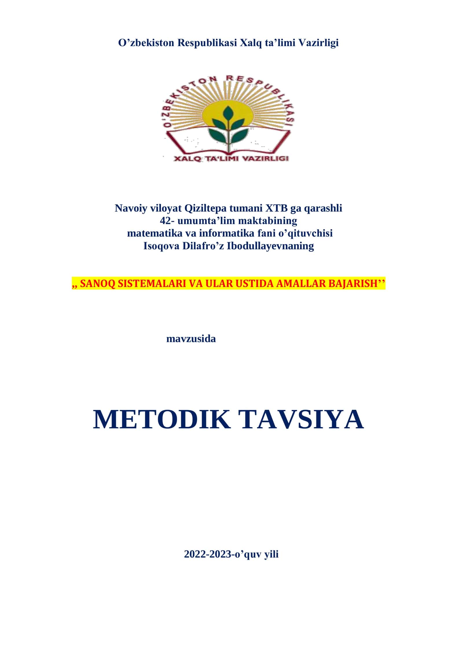 7-sinf Informatika fanidan Sanoq sistemalari va ular ustida amallar bajarish
