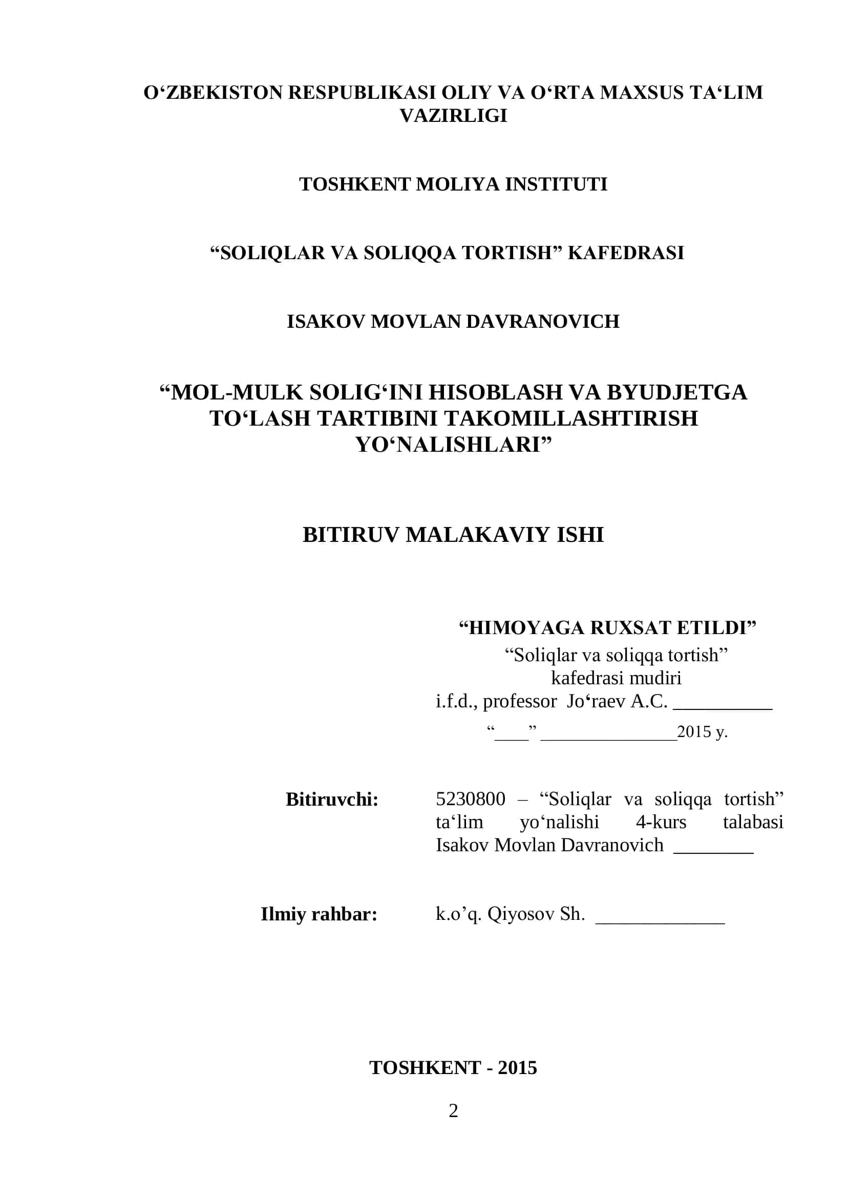 MOL-MULK SOLIG'INI HISOBLASH VA BYUDJETGA TO'LASH TARTIBINI TAKOMILLASHTIRISH YO'NALISHLARI