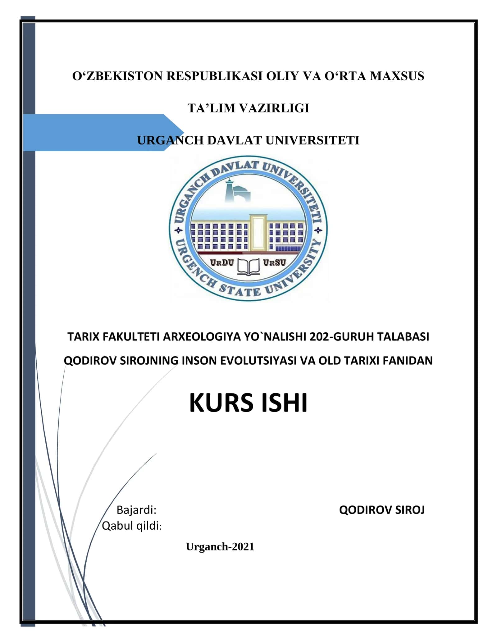 Inson Evolutsiyasi va Old Tarixi Fanidan Kurs Ishi