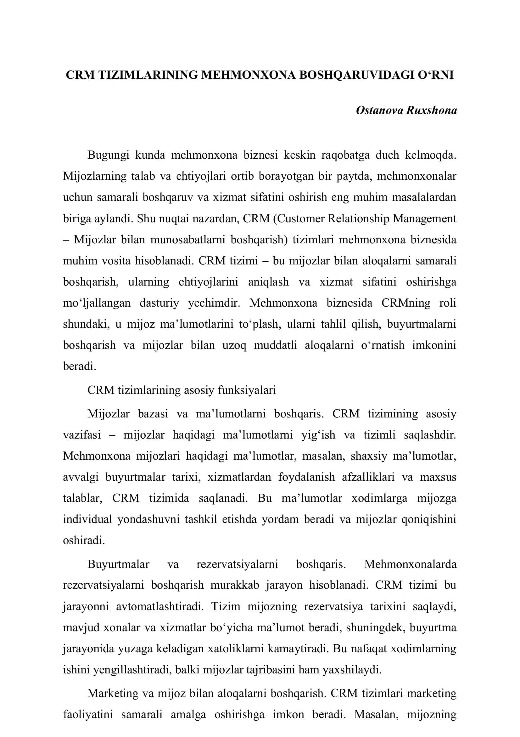 CRM TIZIMLARINING MEHMONXONA BOSHQARUVIDAGI O'RN