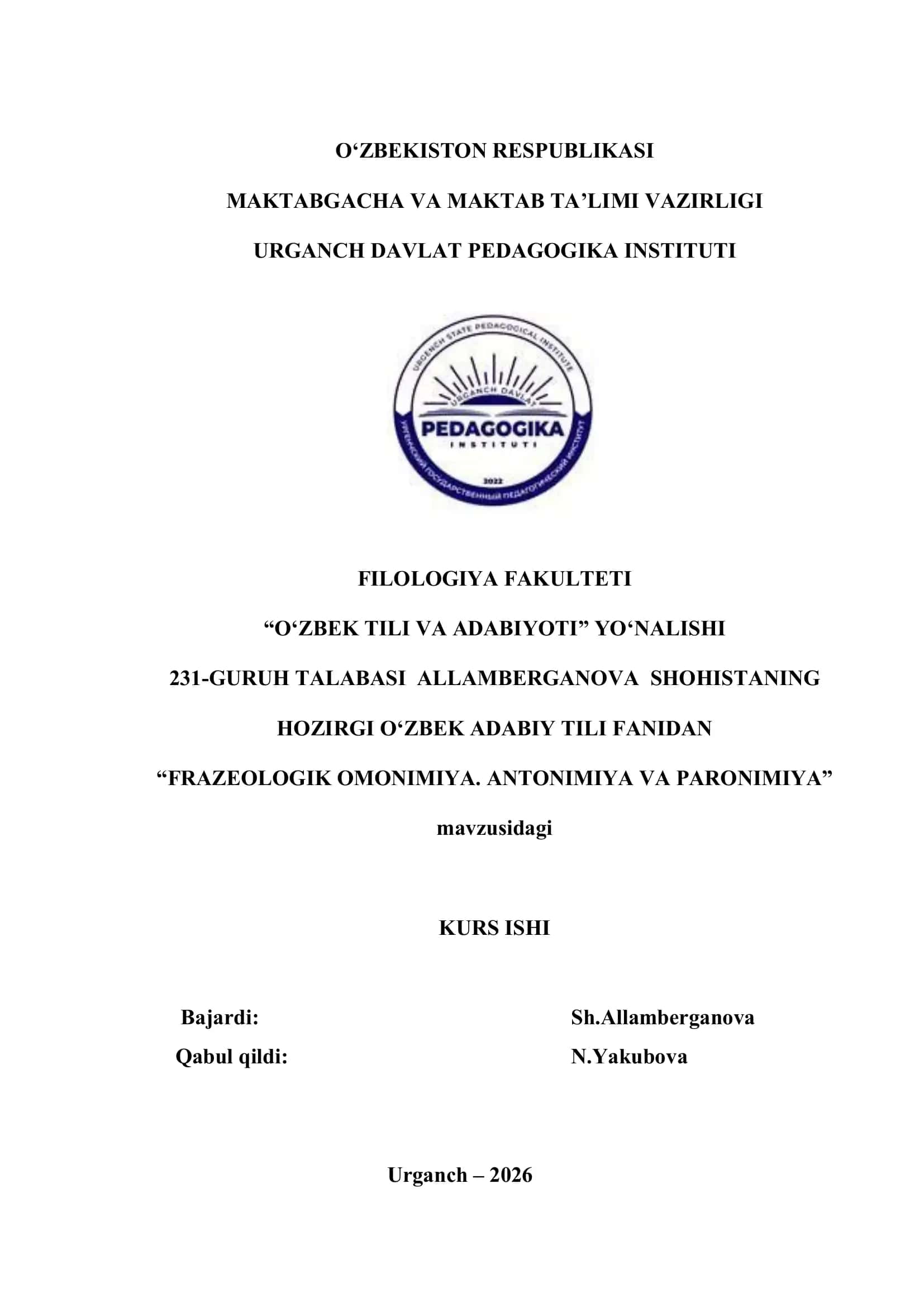 FRAZEOLOGIK OMONIMIYA. ANTONIMIYA VA PARONIMIYA