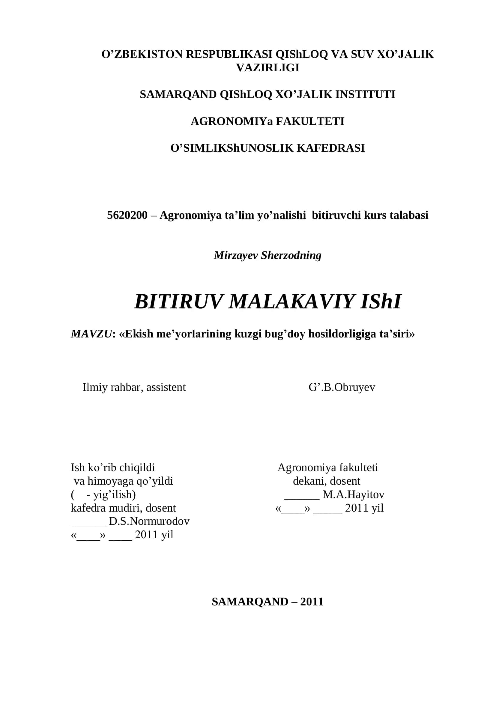 Mirzayev Sherzodning BITIRUV MALAKAVIY IShI