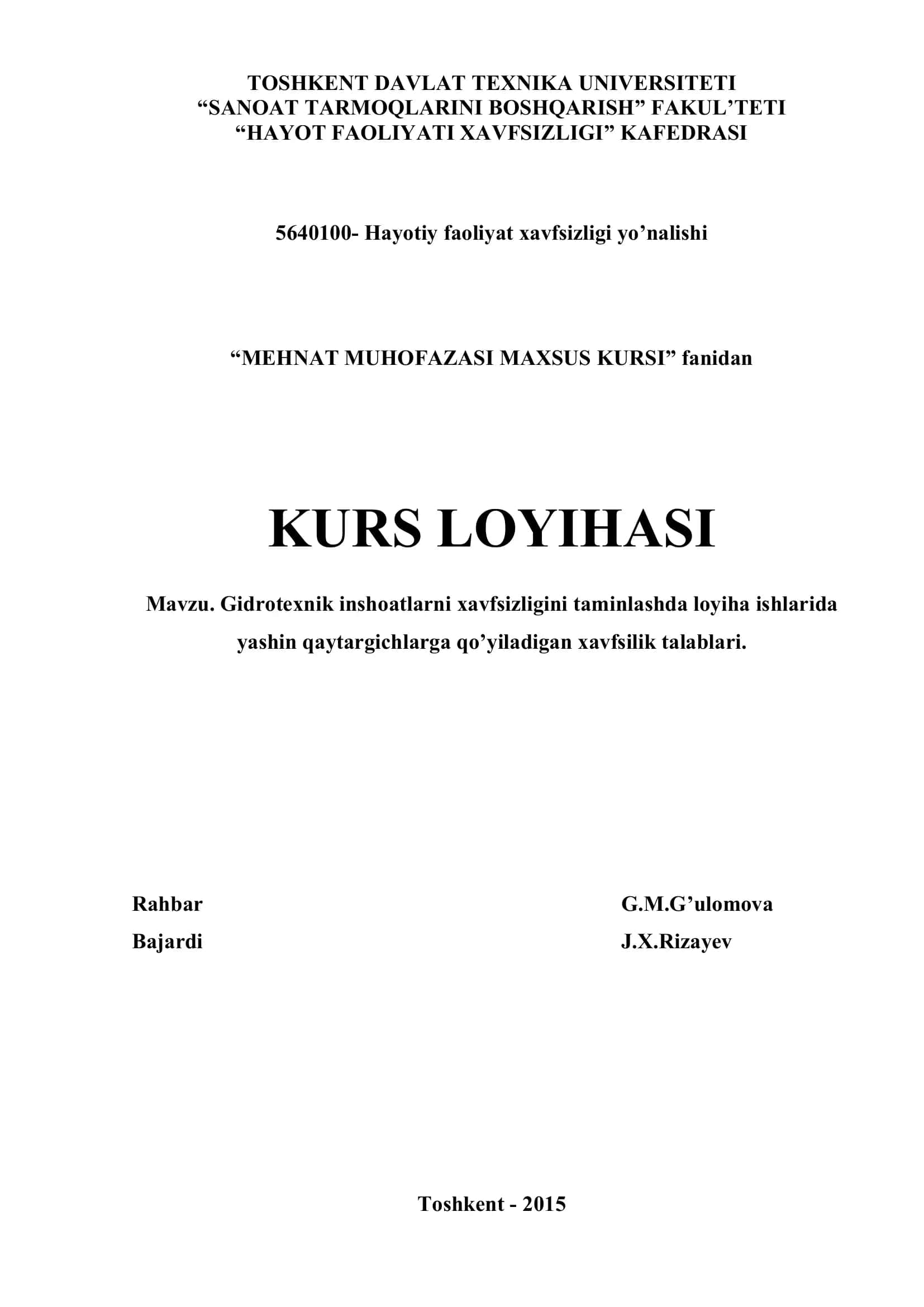 Hayotiy faoliyat xavfsizligi yo’nalishi