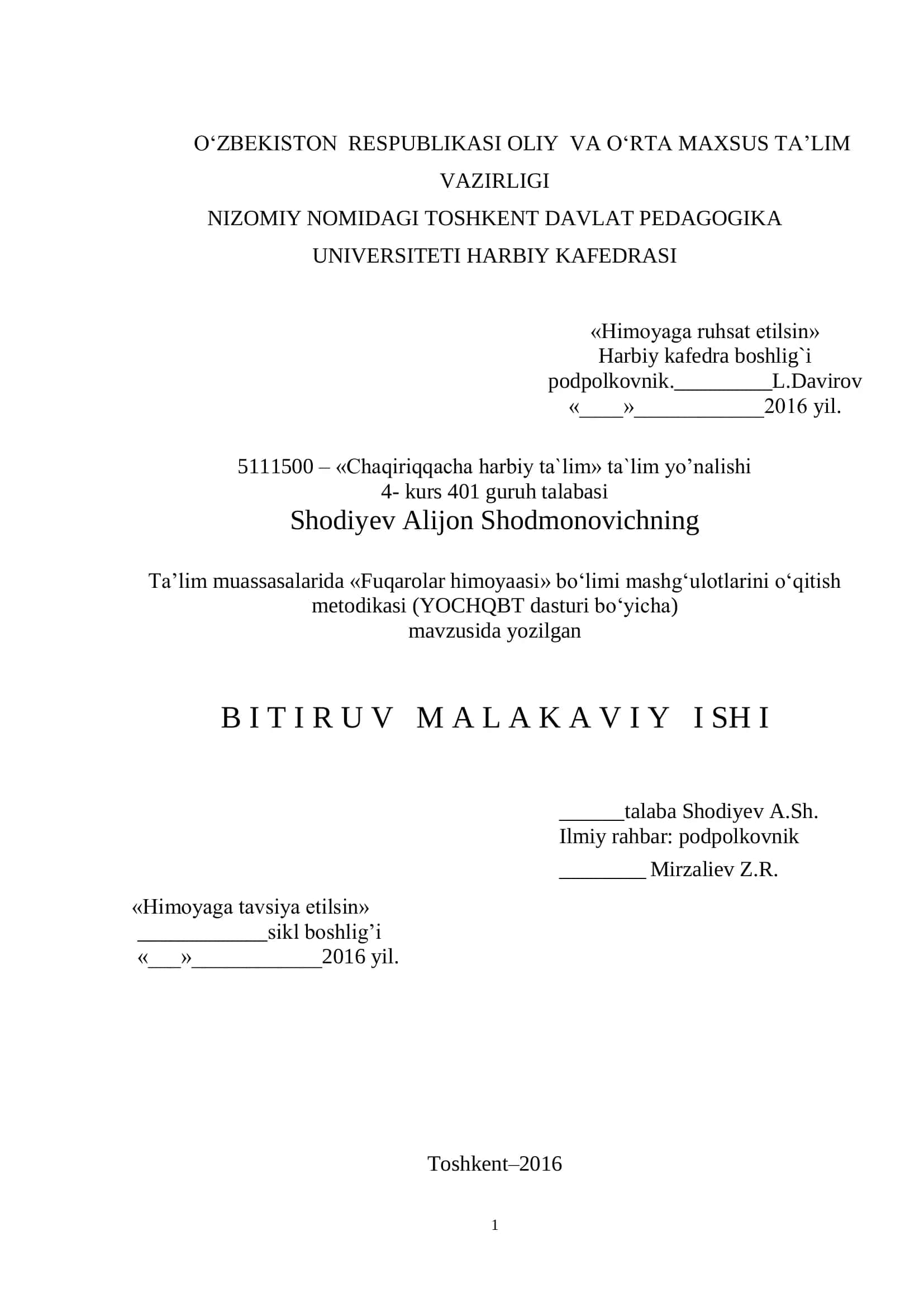 Ta’lim muassasalarida «Fuqarolar himoyaasi» bo‘limi mashg‘ulotlarini o‘qitish metodikasi (YOCHQBT dasturi bo‘yicha)
