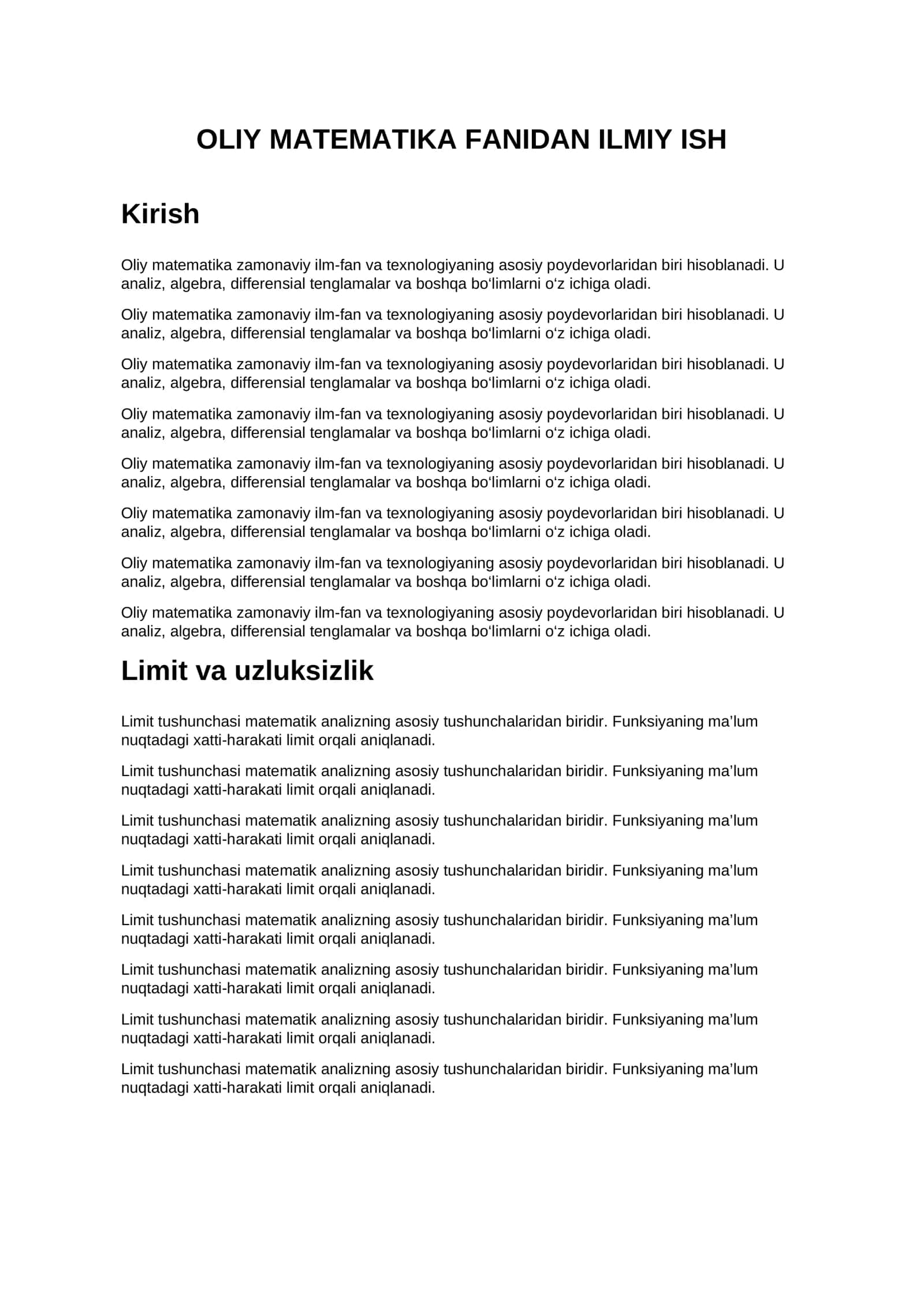 OLIY MATEMATIKA FANIDAN ILMIY ISH