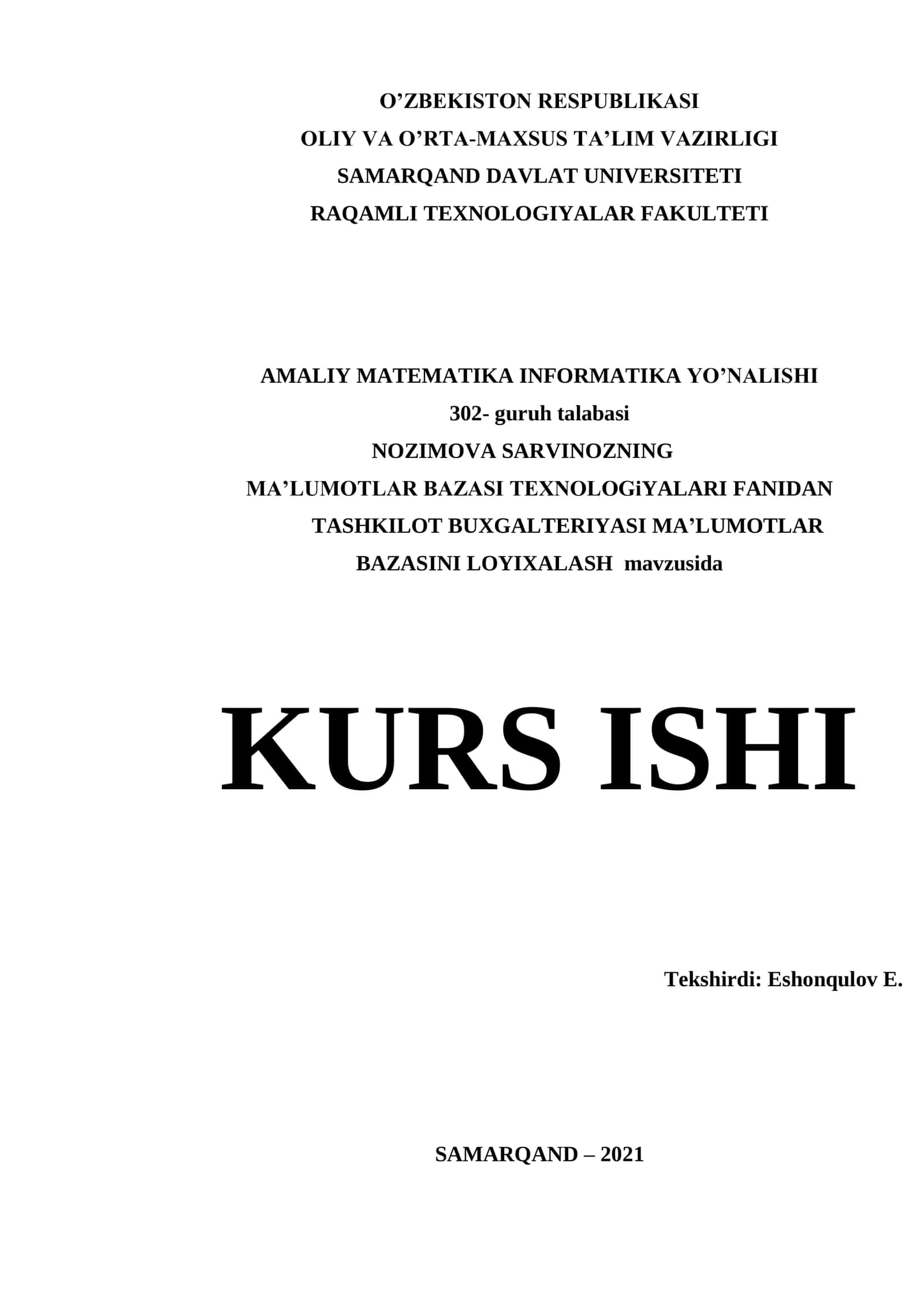 TASHKILOT BUXGALTERIYASI MA’LUMOTLAR BAZASINI LOYIXALASH