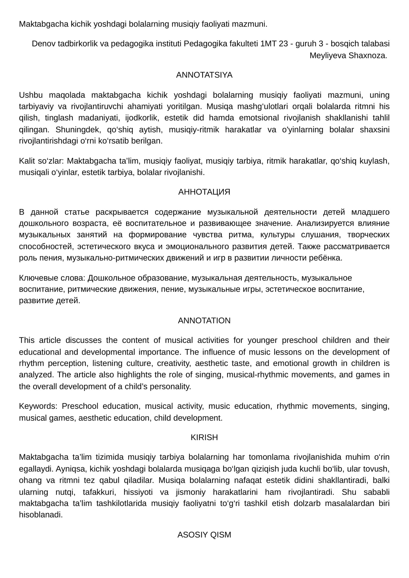 Maktabgacha kichik yoshdagi bolalarning musiqiy faoliyati mazmuni