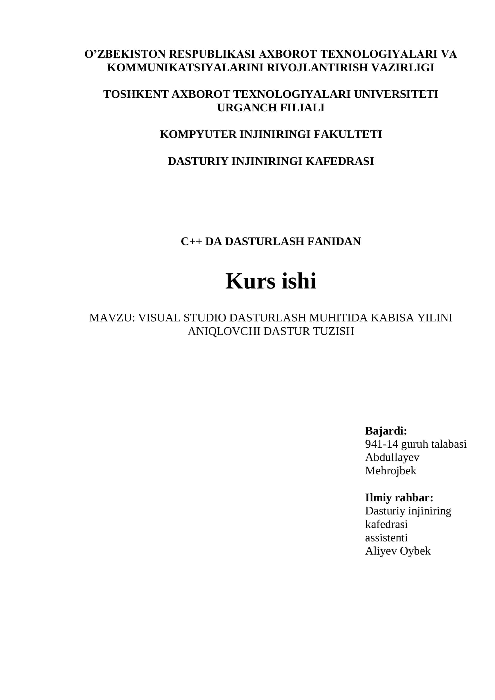 VISUAL STUDIO DASTURLASH MUHITIDA KABISA YILINI ANIQLOVCHI DASTUR TUZISH