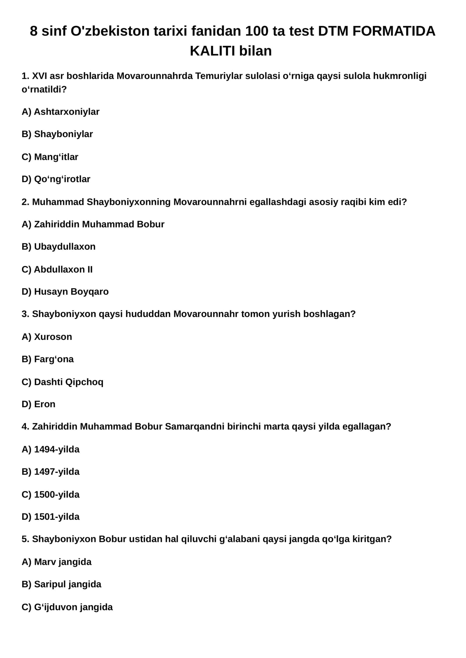 8 sinf O'zbekiston tarixi fanidan 100 ta test javoblari bilan