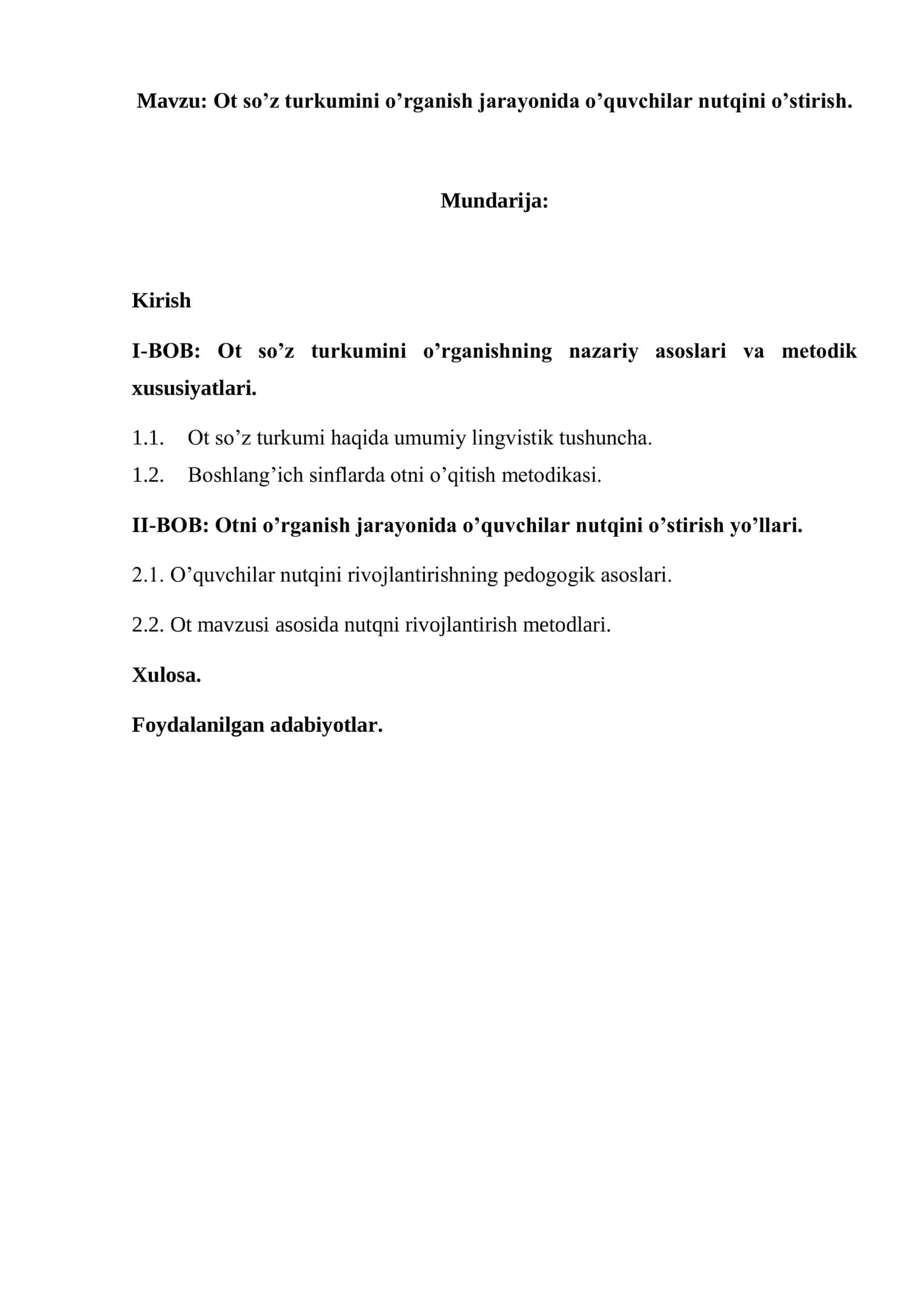 Ot so’z turkumini o’rganish jarayonida o’quvchilar nutqini o’stirish