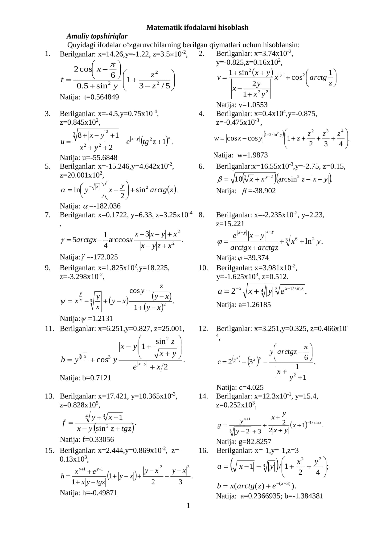 Matematik ifodalarni hisoblash