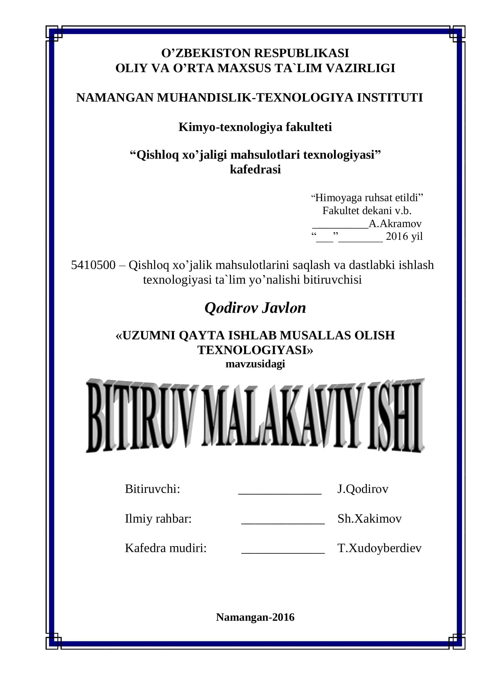 UZUMNI QAYTA ISHLAB MUSALLAS OLISH TEXNOLOGIYASI
