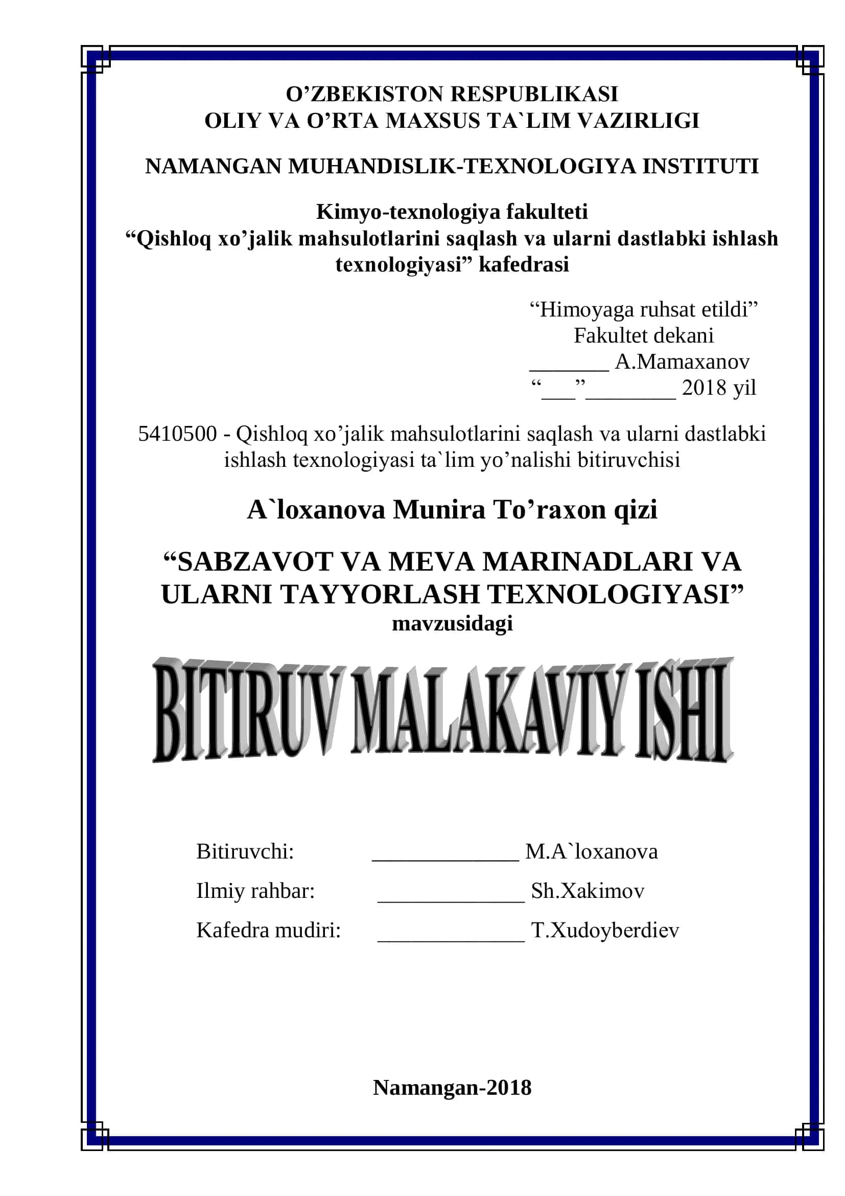 "SABZAVОT VA MEVA MARINADLARI VA ULARNI TAYYORLASH TEXNОLОGIYASI"