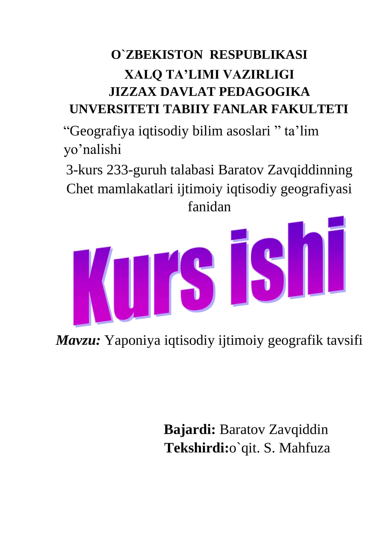 Yaponiya iqtisodiy ijtimoiy geografik tavsifi