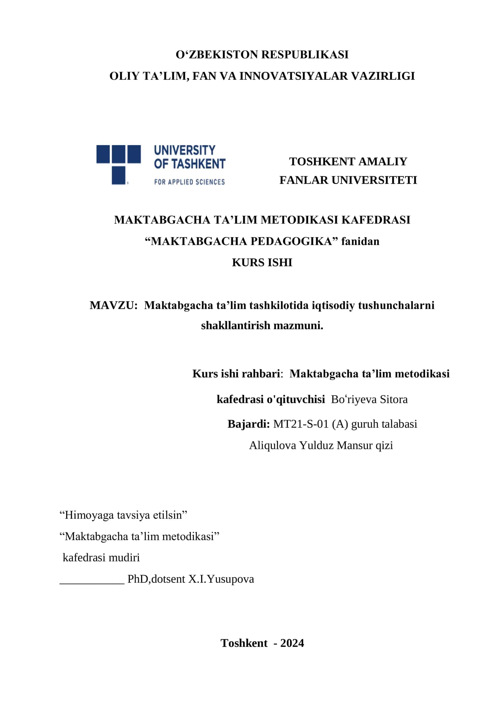 Maktabgacha ta‟lim tashkilotida iqtisodiy tushunchalarni shakllantirish mazmuni