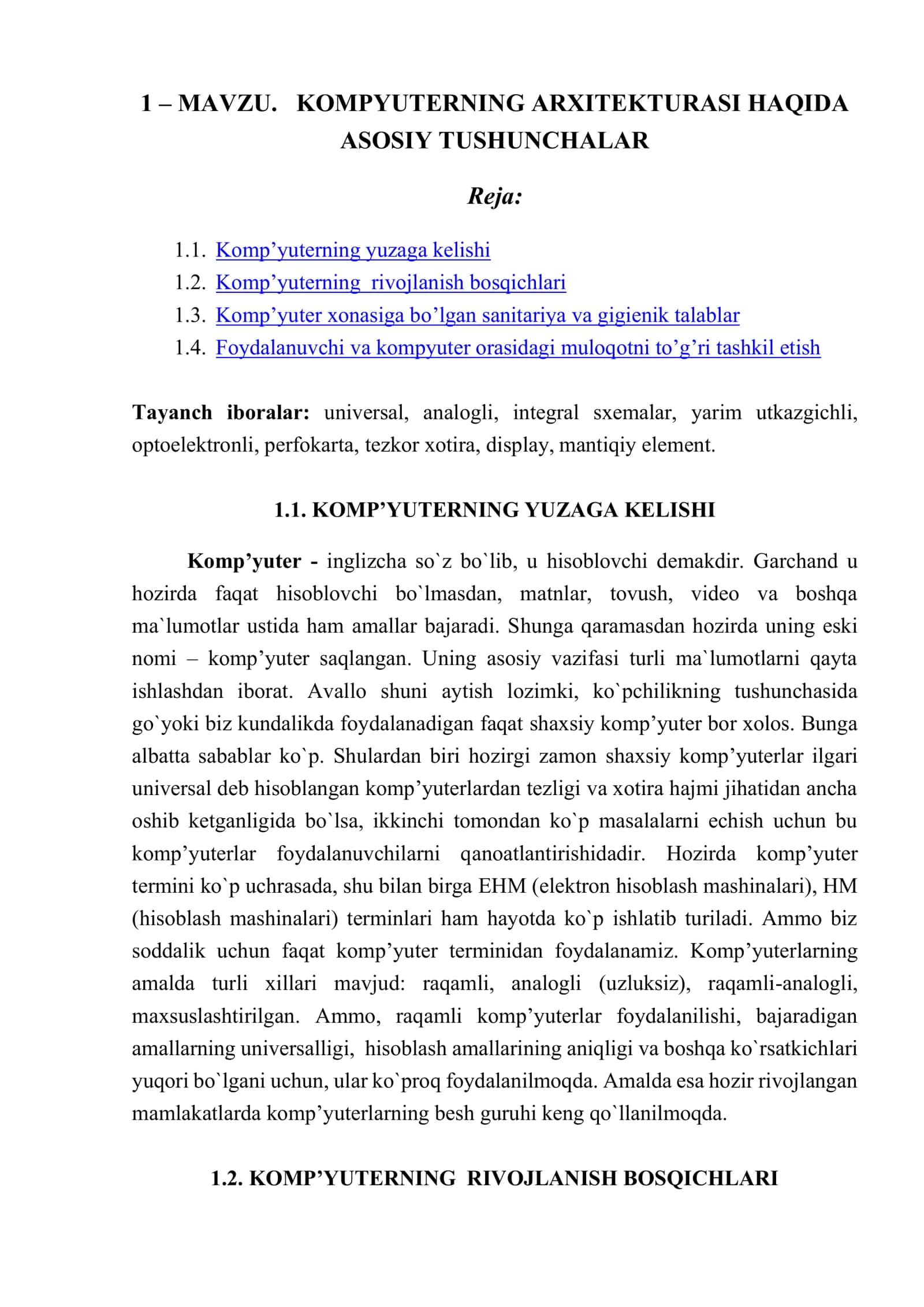 KOMPYUTERNING ARXITEKTURASI HAQIDA ASOSIY TUSHUNCHALAR